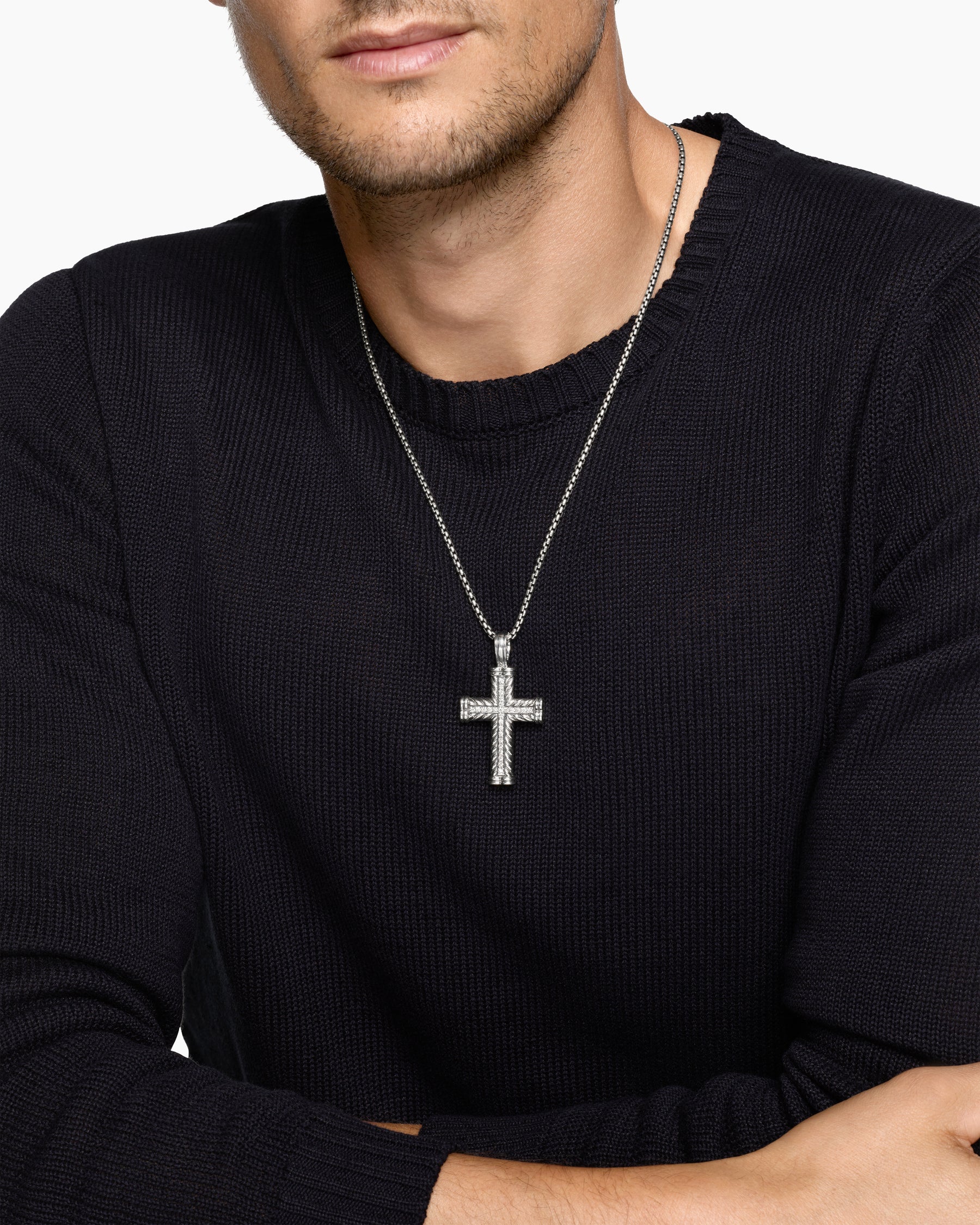 Alternative view of Chevron Cross Pendant in Sterling Silver with Diamonds, 41.5mm