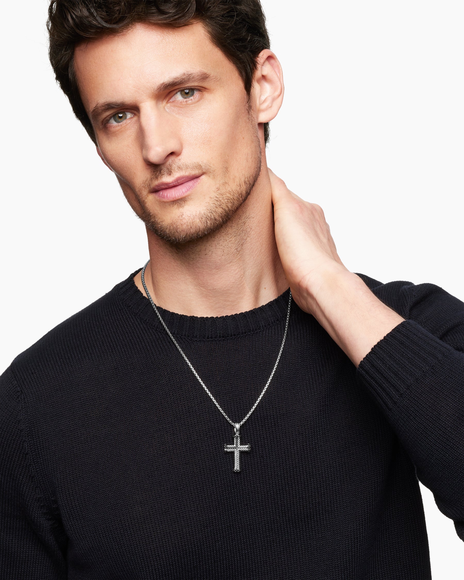 Alternative view of Chevron Cross Pendant in Sterling Silver with Black Diamonds, 33mm