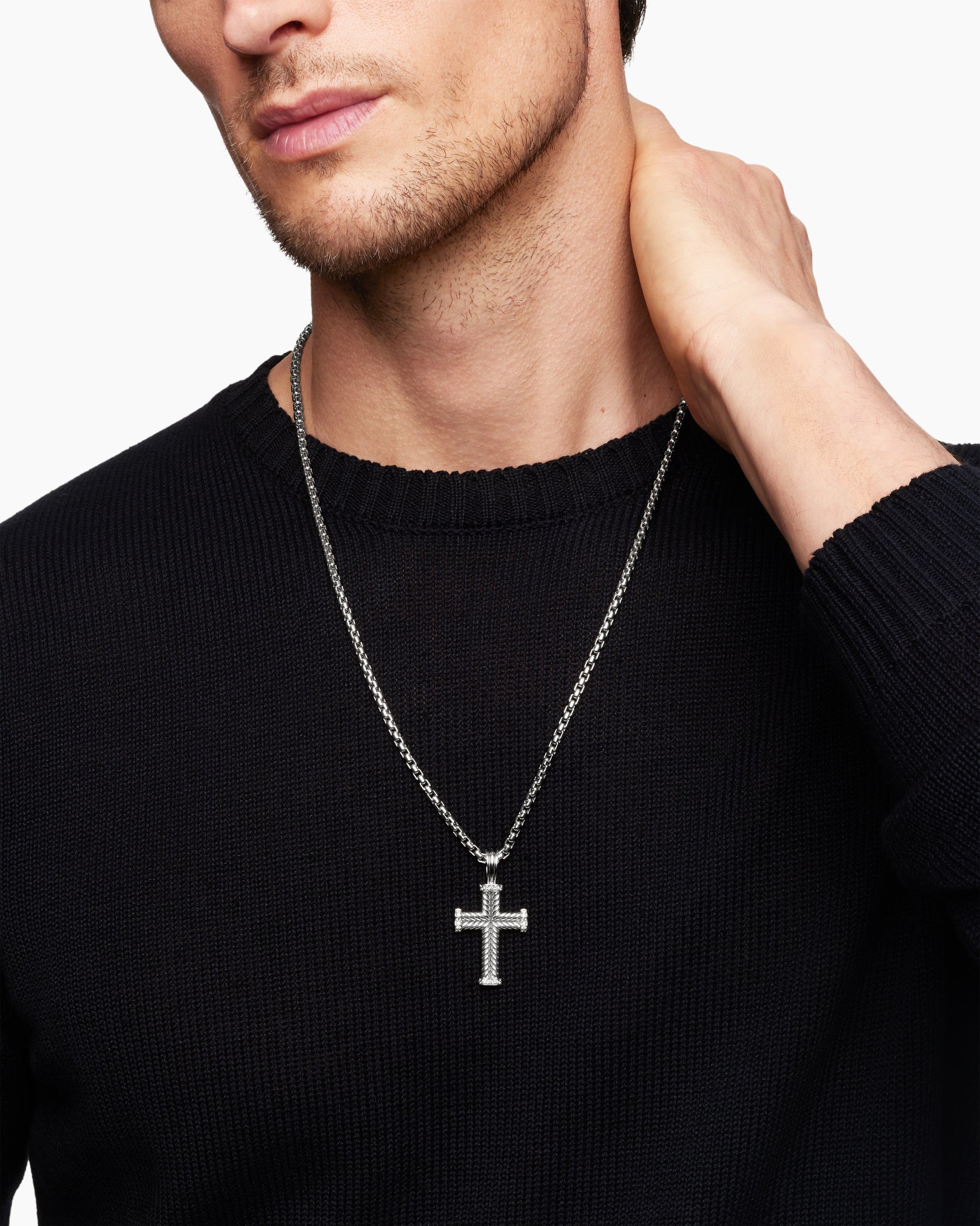Alternative view of Chevron Cross Pendant in Sterling Silver with Diamonds, 33mm