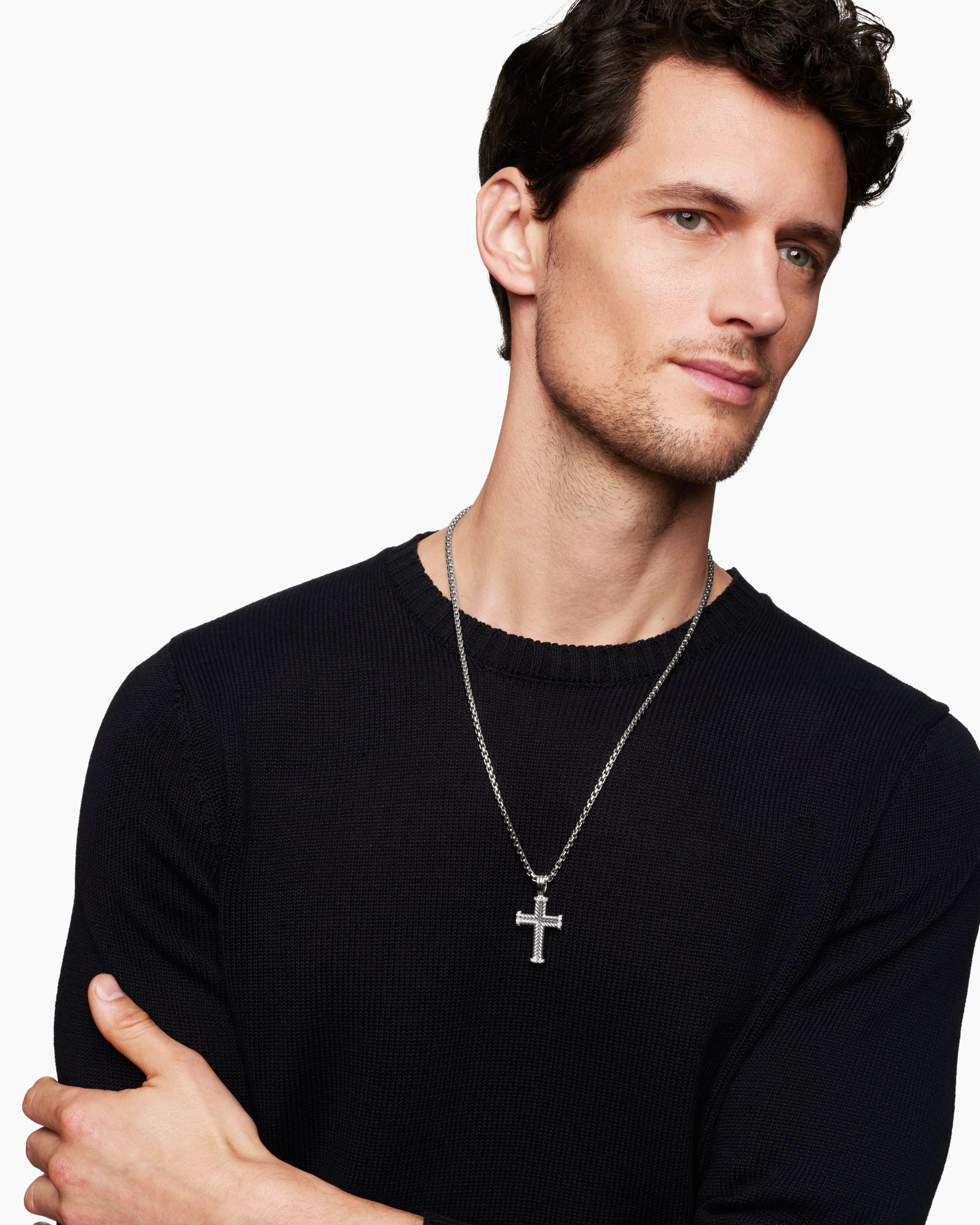 Chevron Cross Pendant in Sterling Silver with Diamonds, 33mm - Image 7