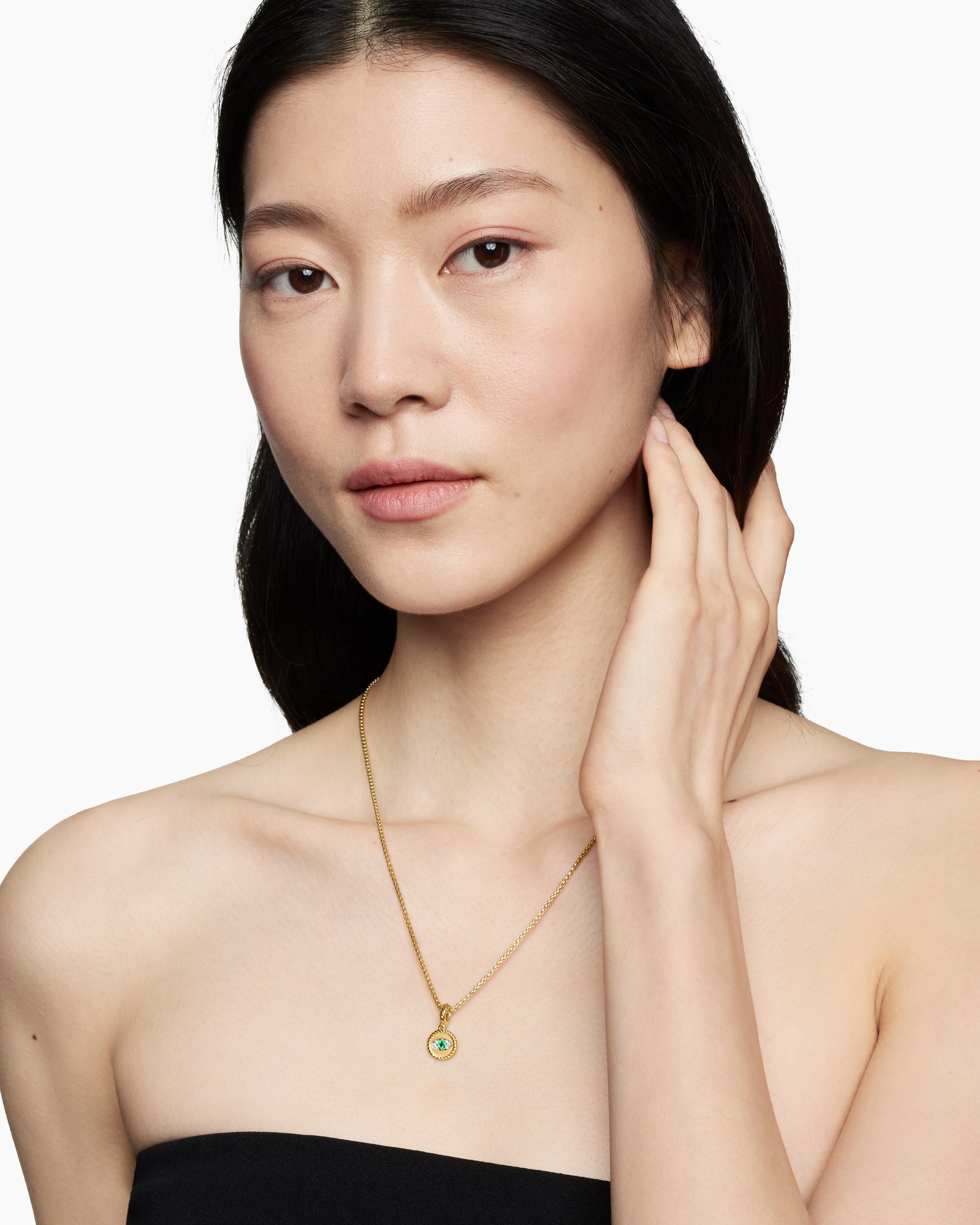 Evil Eye Amulet in 18K Yellow Gold with Pavé Emeralds and Diamonds, 11mm - Image 7