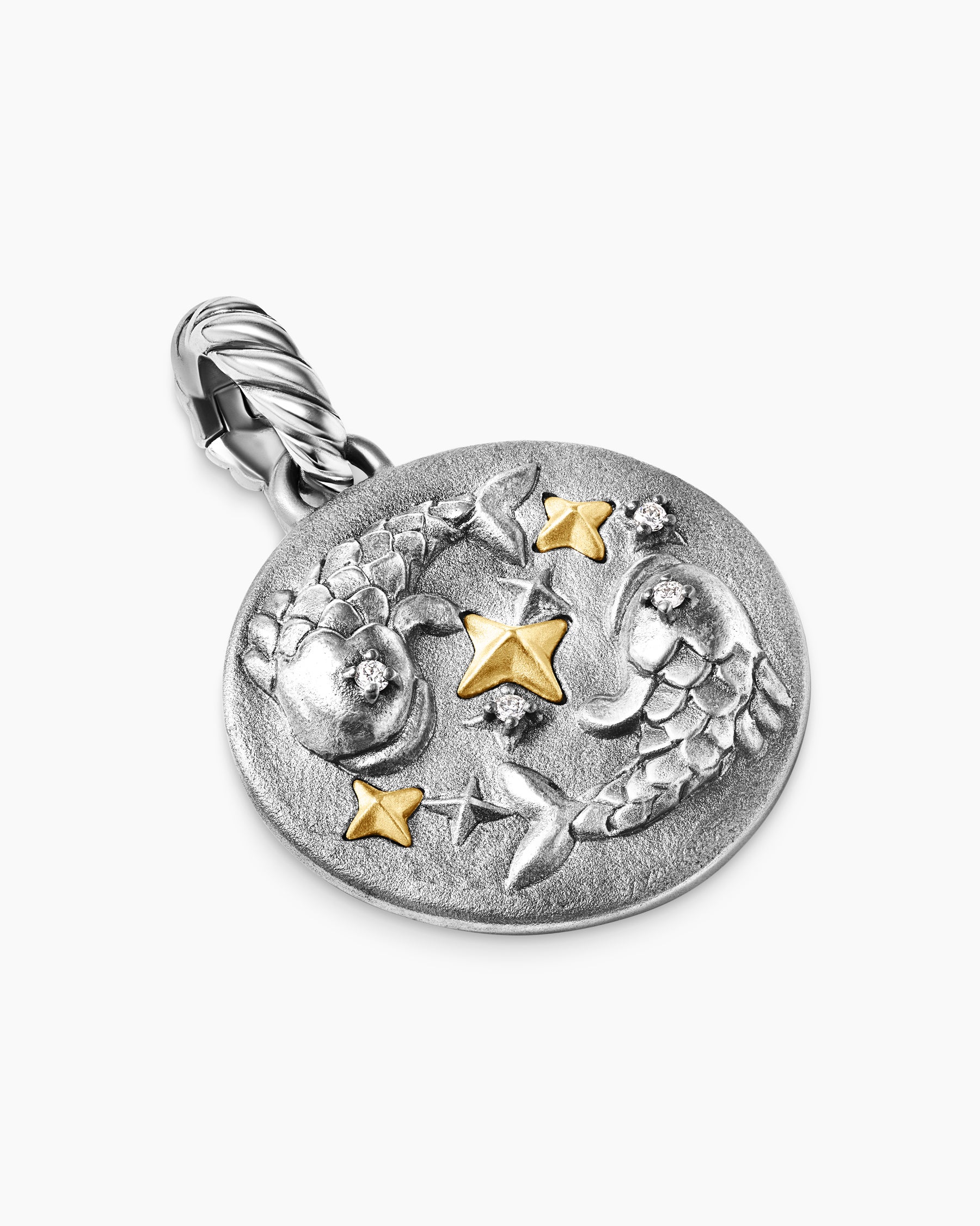Pisces Amulet in Sterling Silver with 18K Yellow Gold and Diamonds, 19mm - Image 3