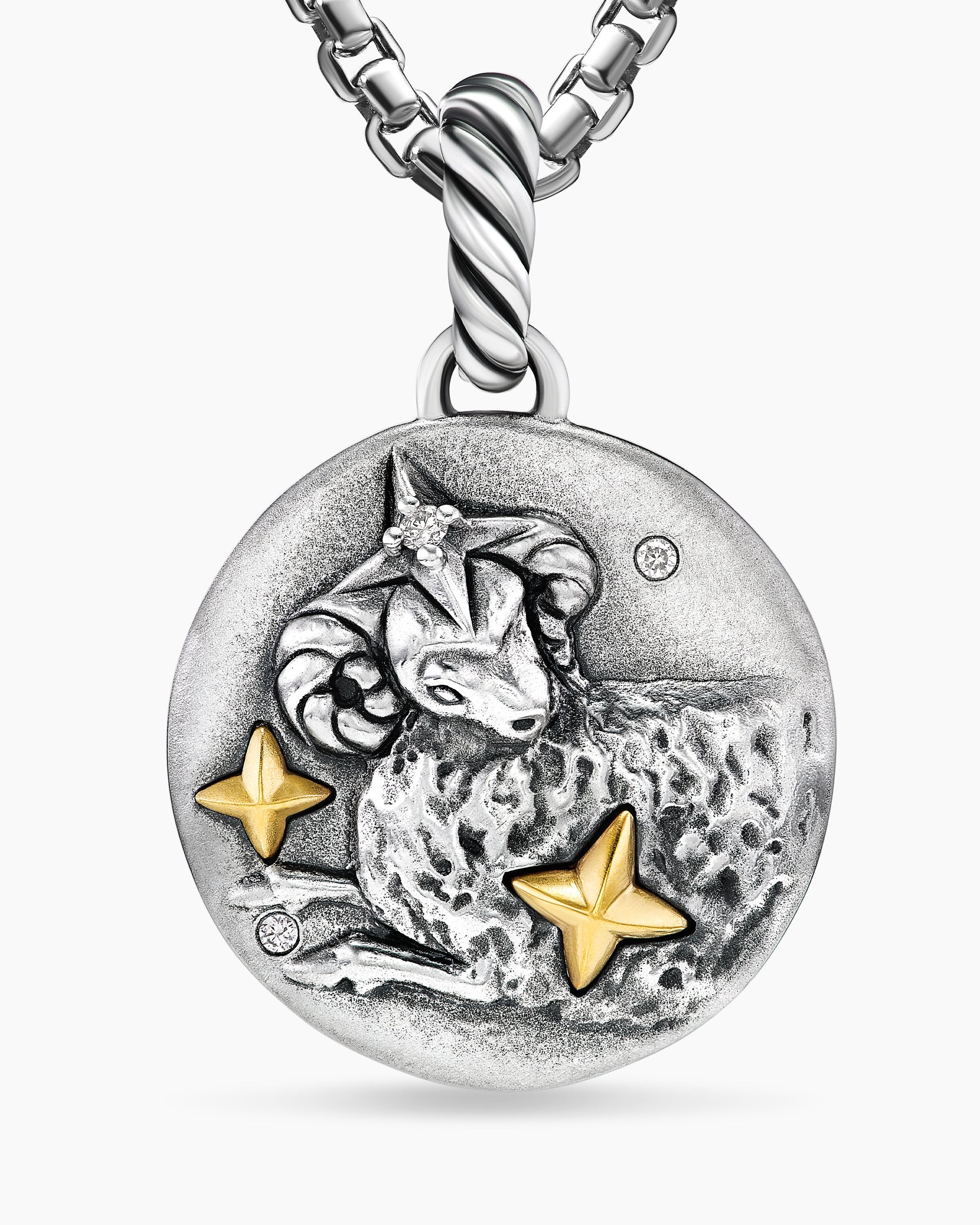 Aries Amulet in Sterling Silver with 18K Yellow Gold and Diamonds, 19mm - Image 5