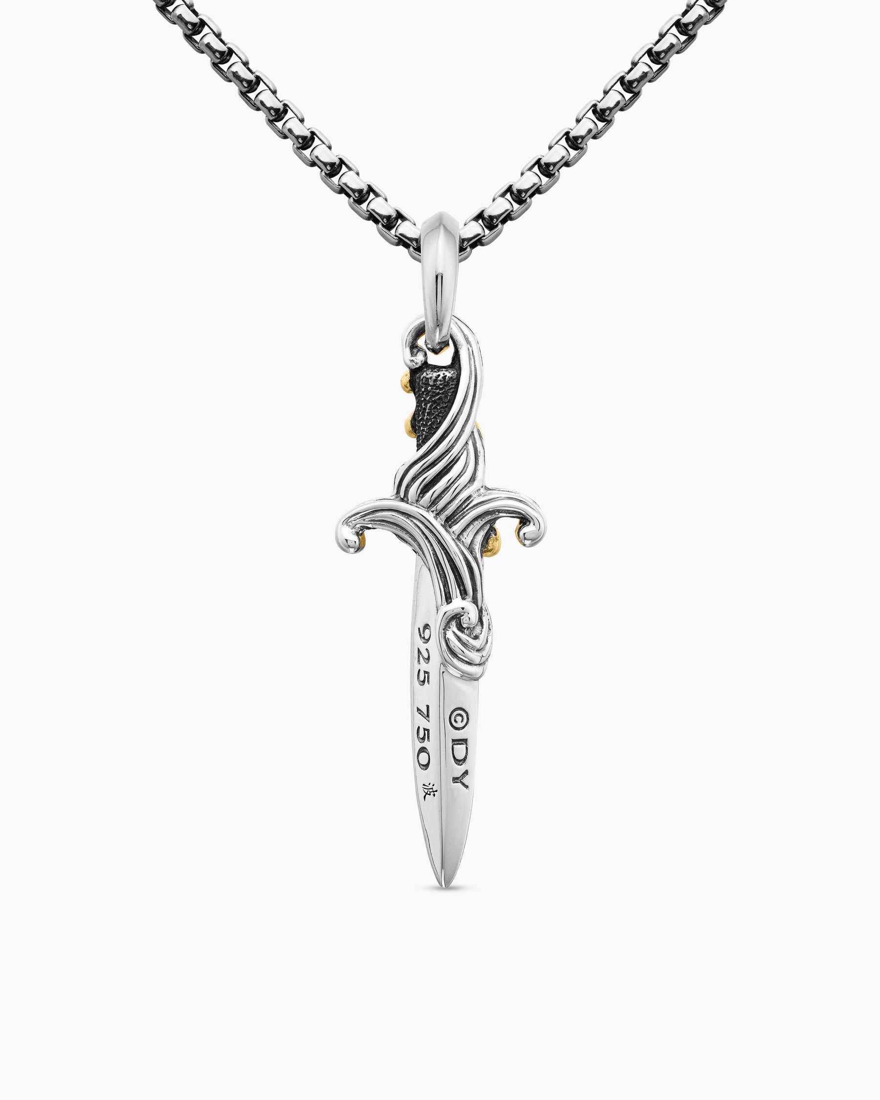 Waves Dagger Amulet in Sterling Silver with 18K Yellow Gold and Black Diamonds, 44mm - Image 4