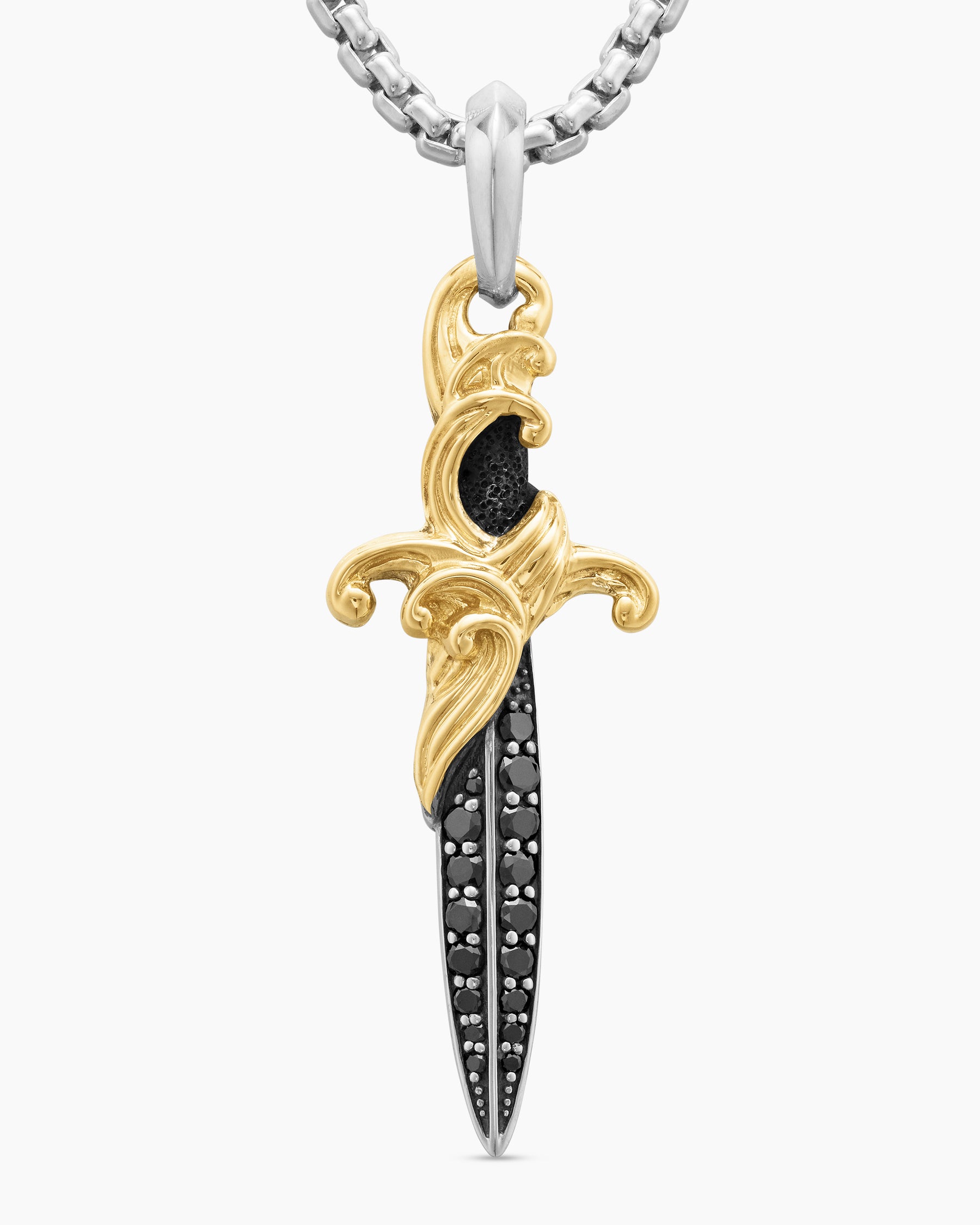 Waves Dagger Amulet in Sterling Silver with 18K Yellow Gold and Black Diamonds, 44mm - Image 5