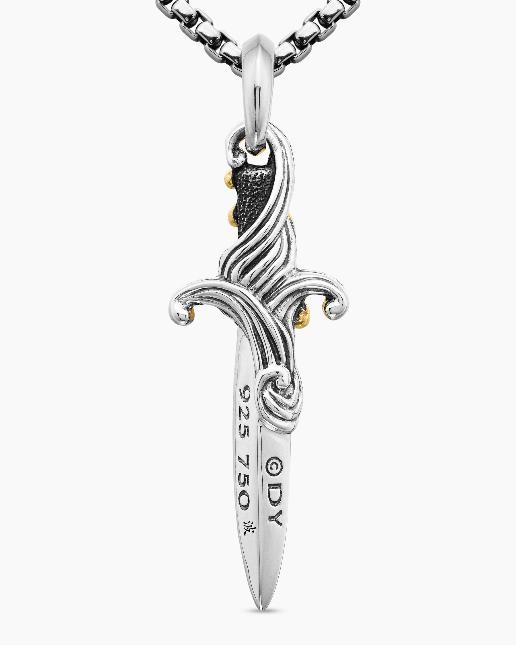 Waves Dagger Amulet in Sterling Silver with 18K Yellow Gold and Black Diamonds, 44mm - Image 6