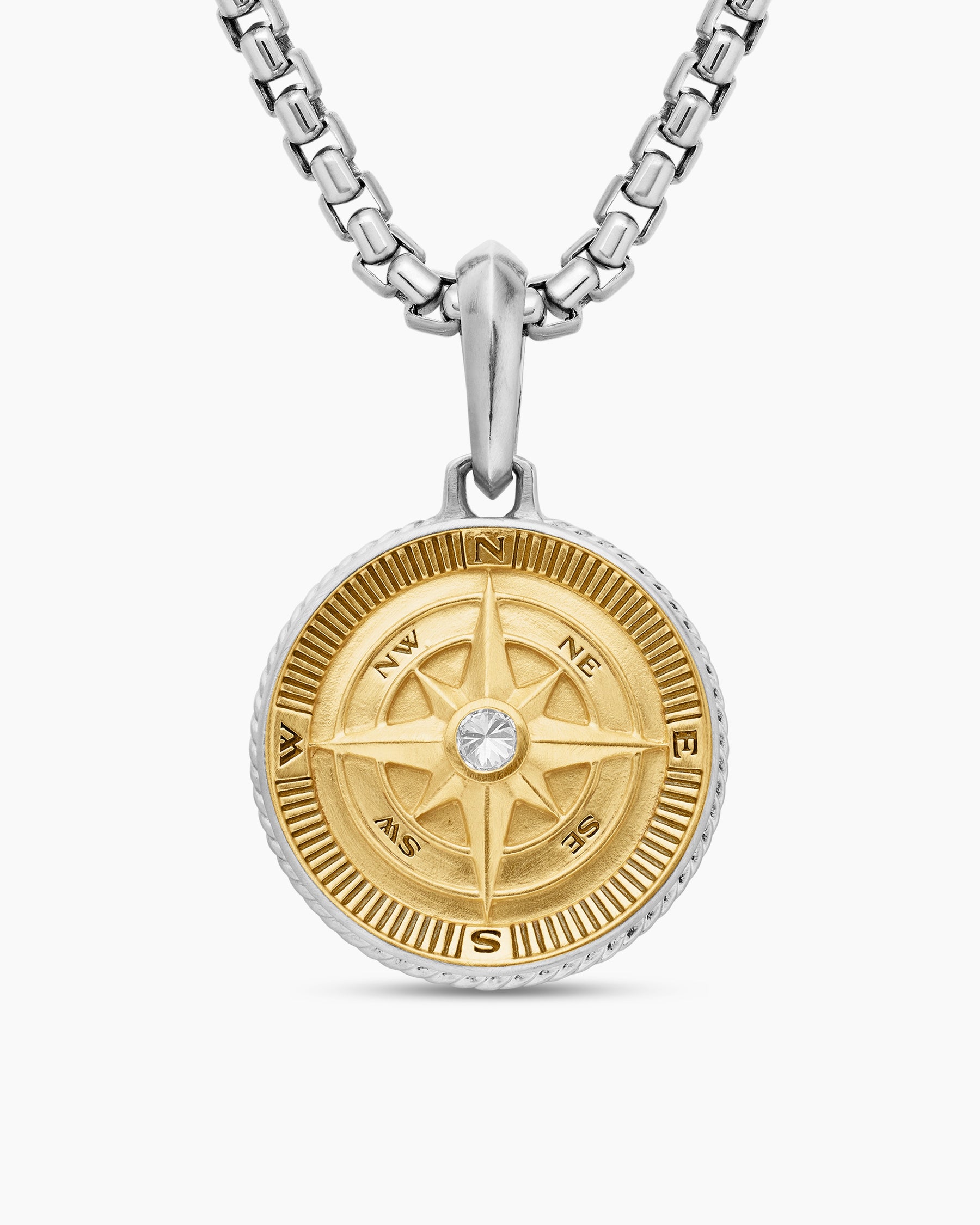 Maritime Compass Amulet in Sterling Silver with 18K Yellow Gold and Center Diamond, 20mm