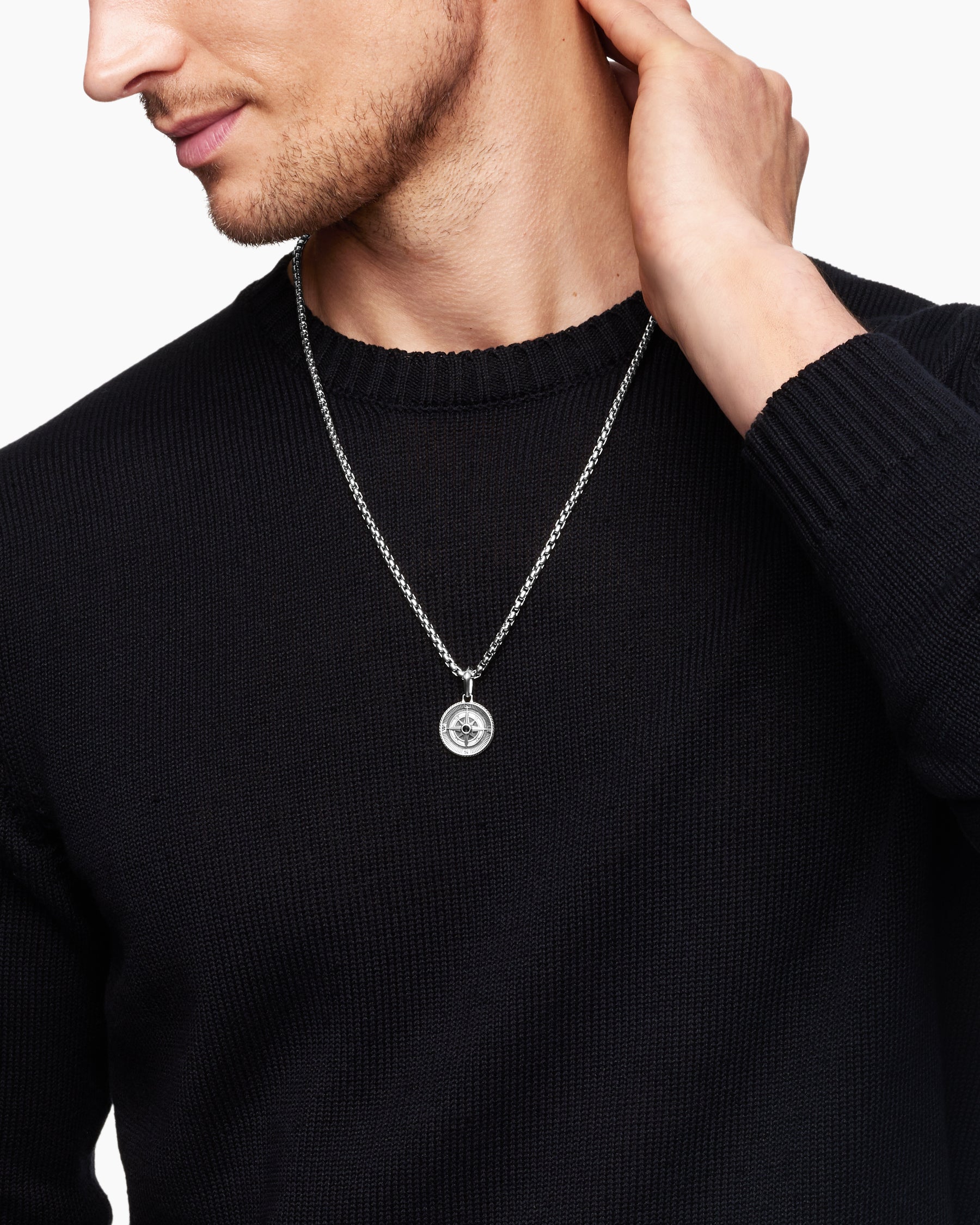 Alternative view of Maritime Compass Amulet in Sterling Silver with Center Black Diamond, 20mm