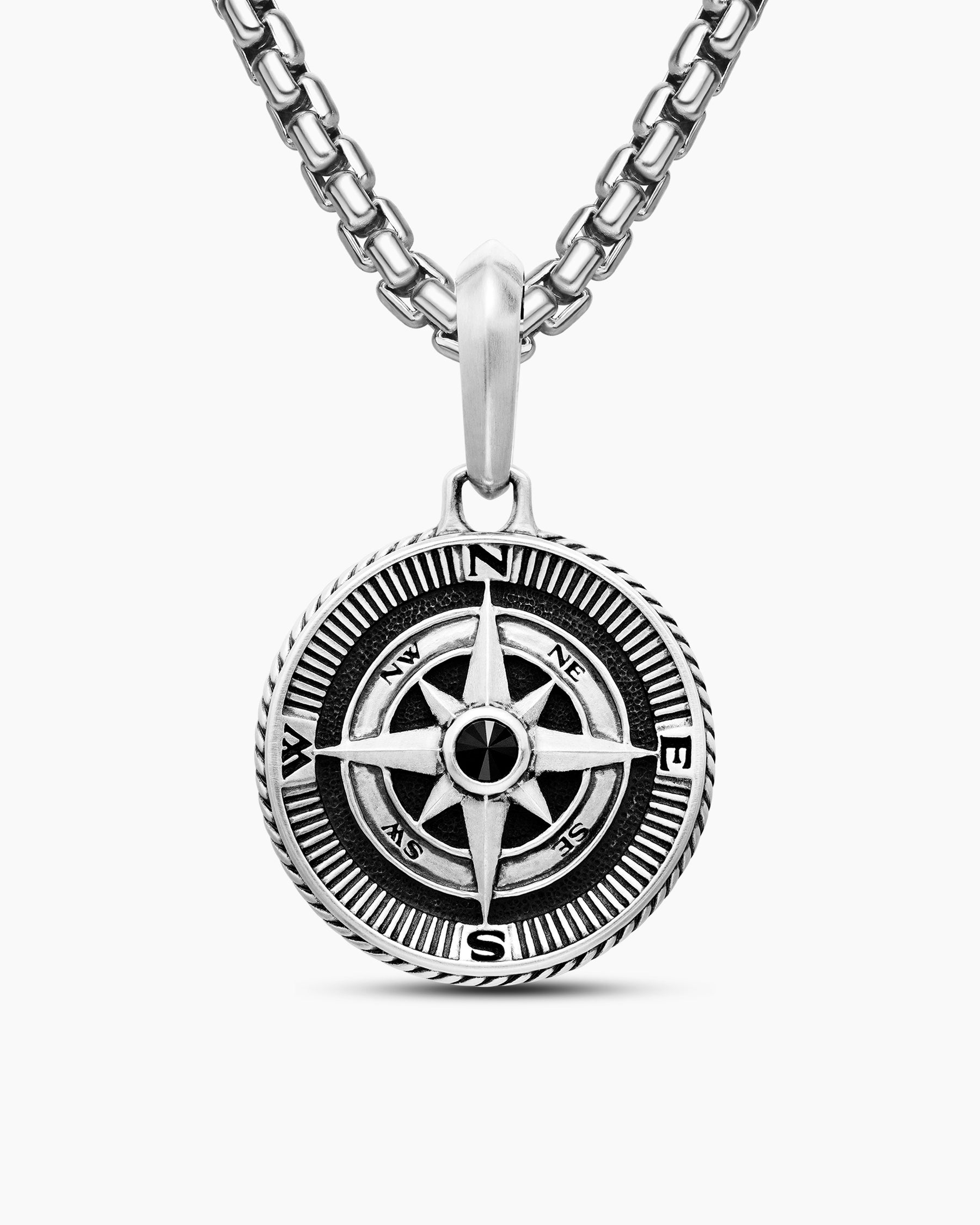 Maritime Compass Amulet in Sterling Silver with Center Black Diamond, 20mm