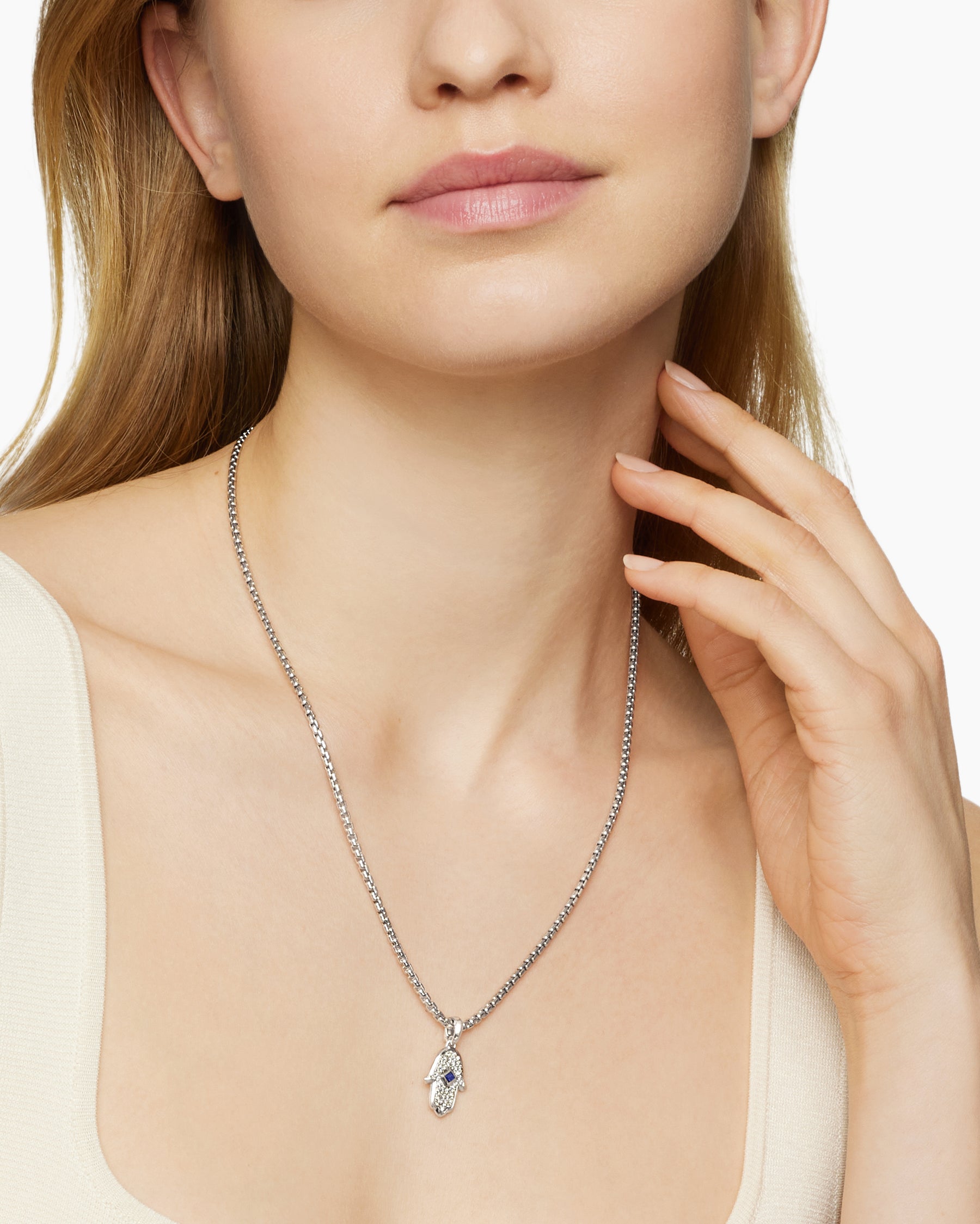 Alternative view of Hamsa Amulet in 18K White Gold with Pavé Diamonds and Blue Sapphire, 24.6mm