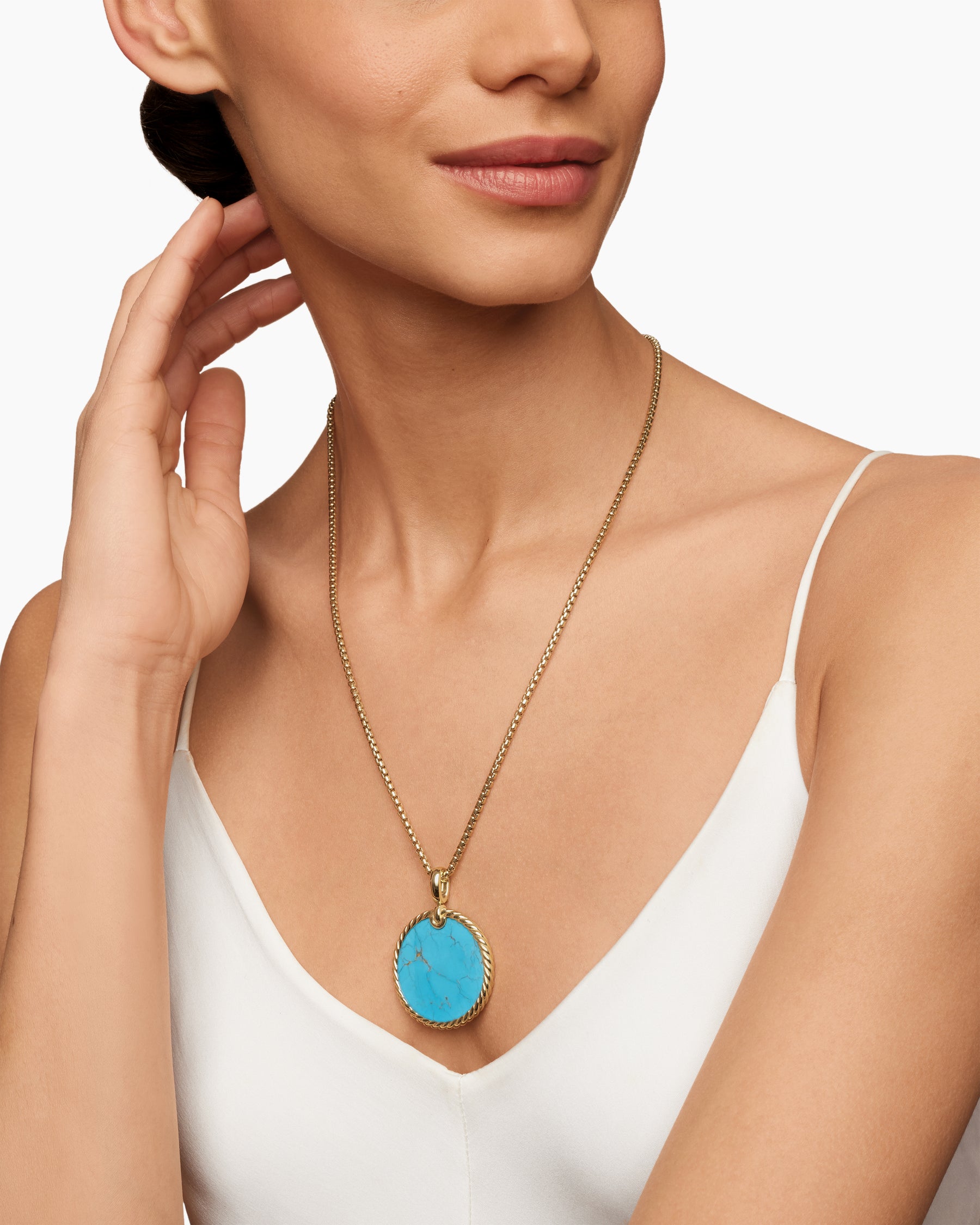 Alternative view of DY Elements Disc Pendant in 18K Yellow Gold with Turquoise, 32mm