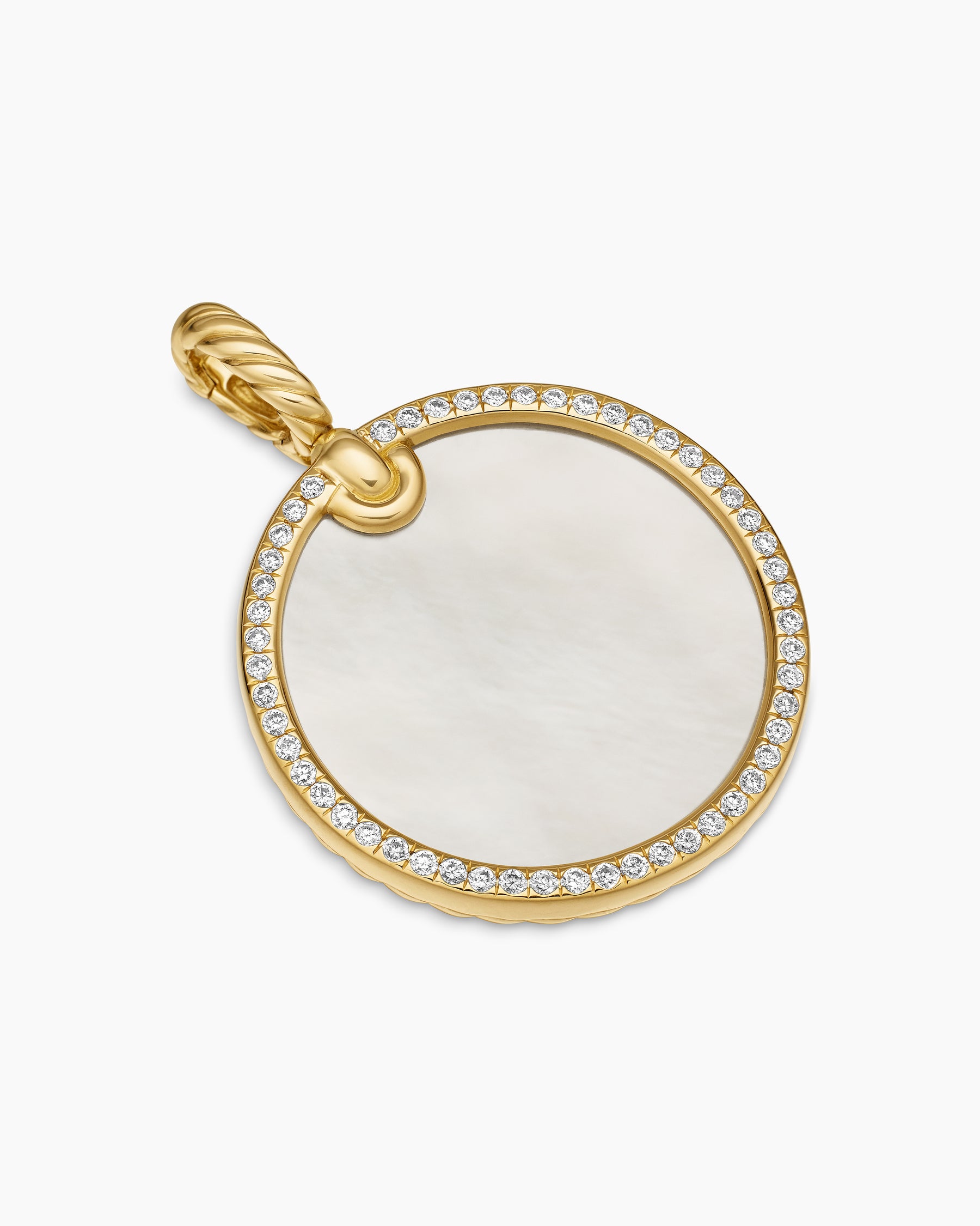 DY Elements Disc Pendant in 18K Yellow Gold with Mother of Pearl and Diamond Rim, 24mm - Image 3