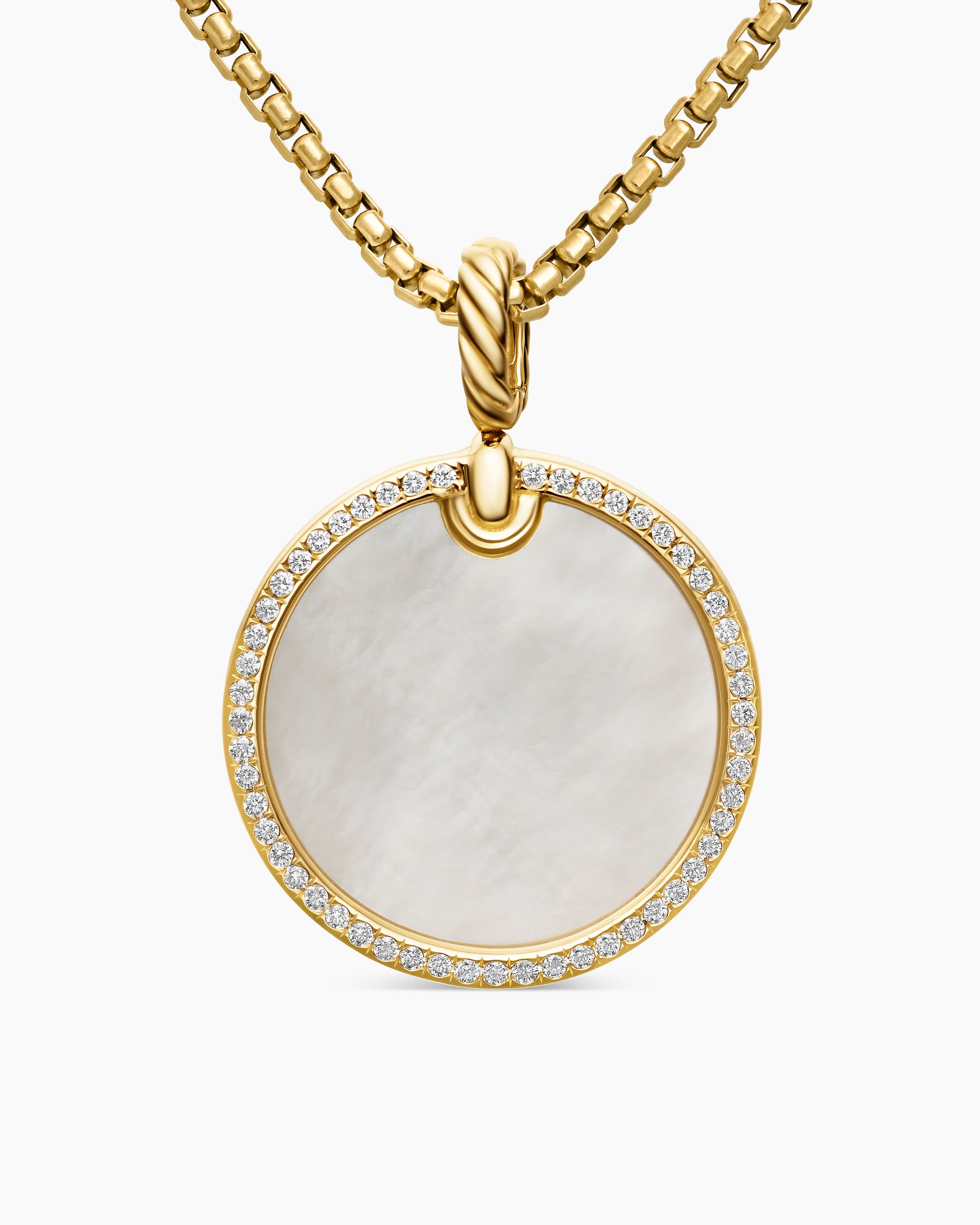 DY Elements Disc Pendant in 18K Yellow Gold with Mother of Pearl and Diamond Rim, 24mm