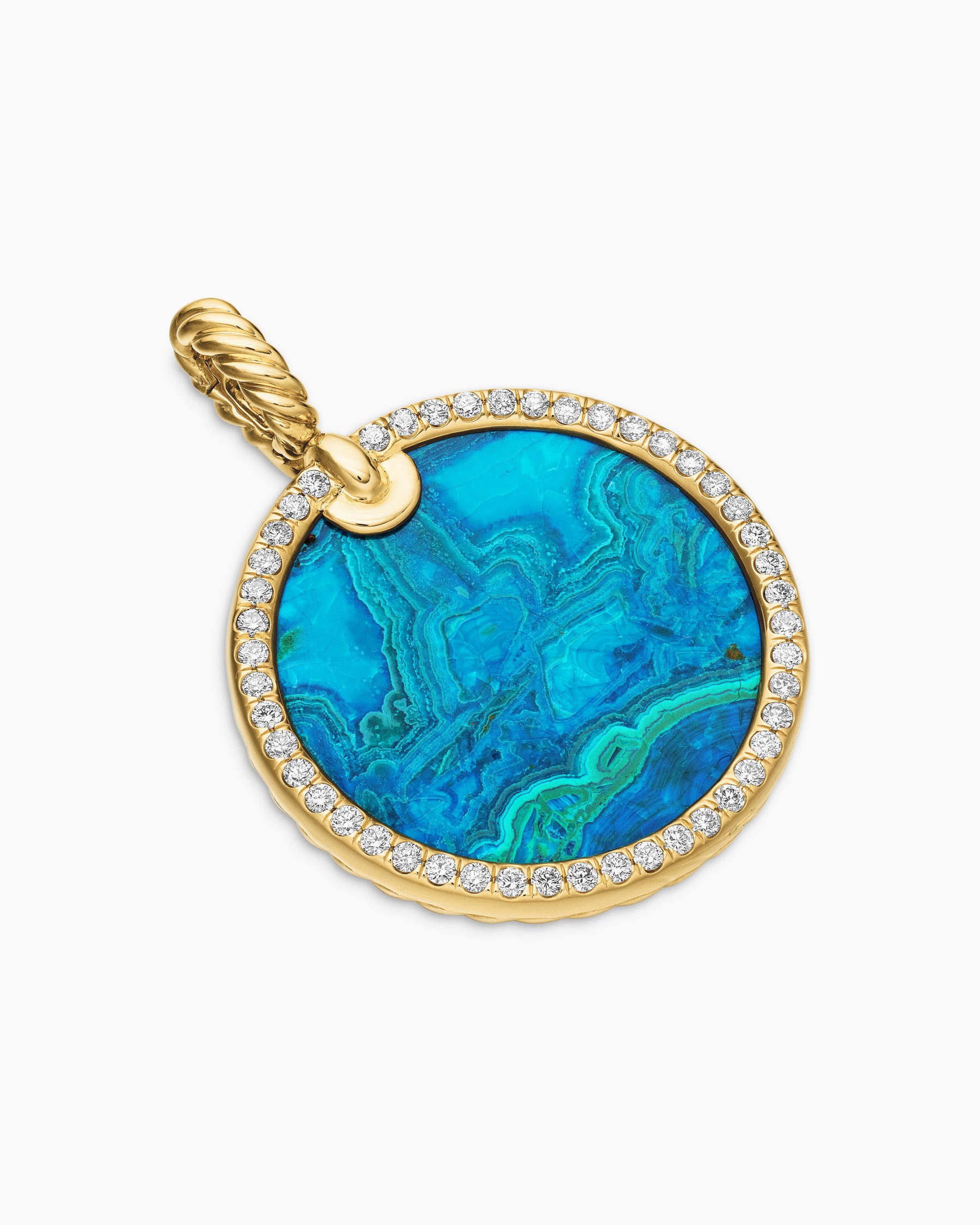 Limited DY Elements Disc Pendant in 18K Yellow Gold with Chrysocolla and Diamonds, 24mm - Image 3