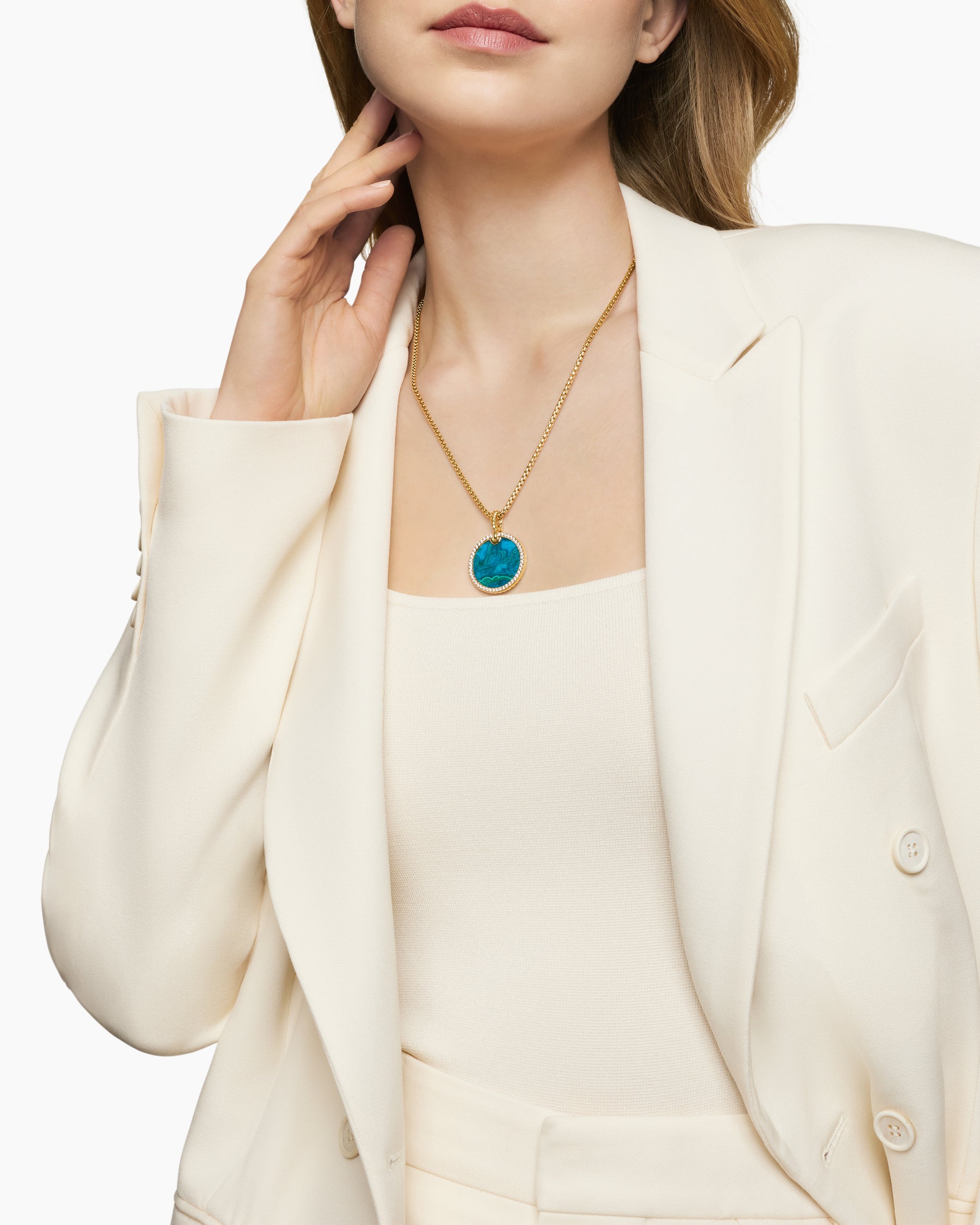 Alternative view of Limited DY Elements Disc Pendant in 18K Yellow Gold with Chrysocolla and Diamonds, 24mm