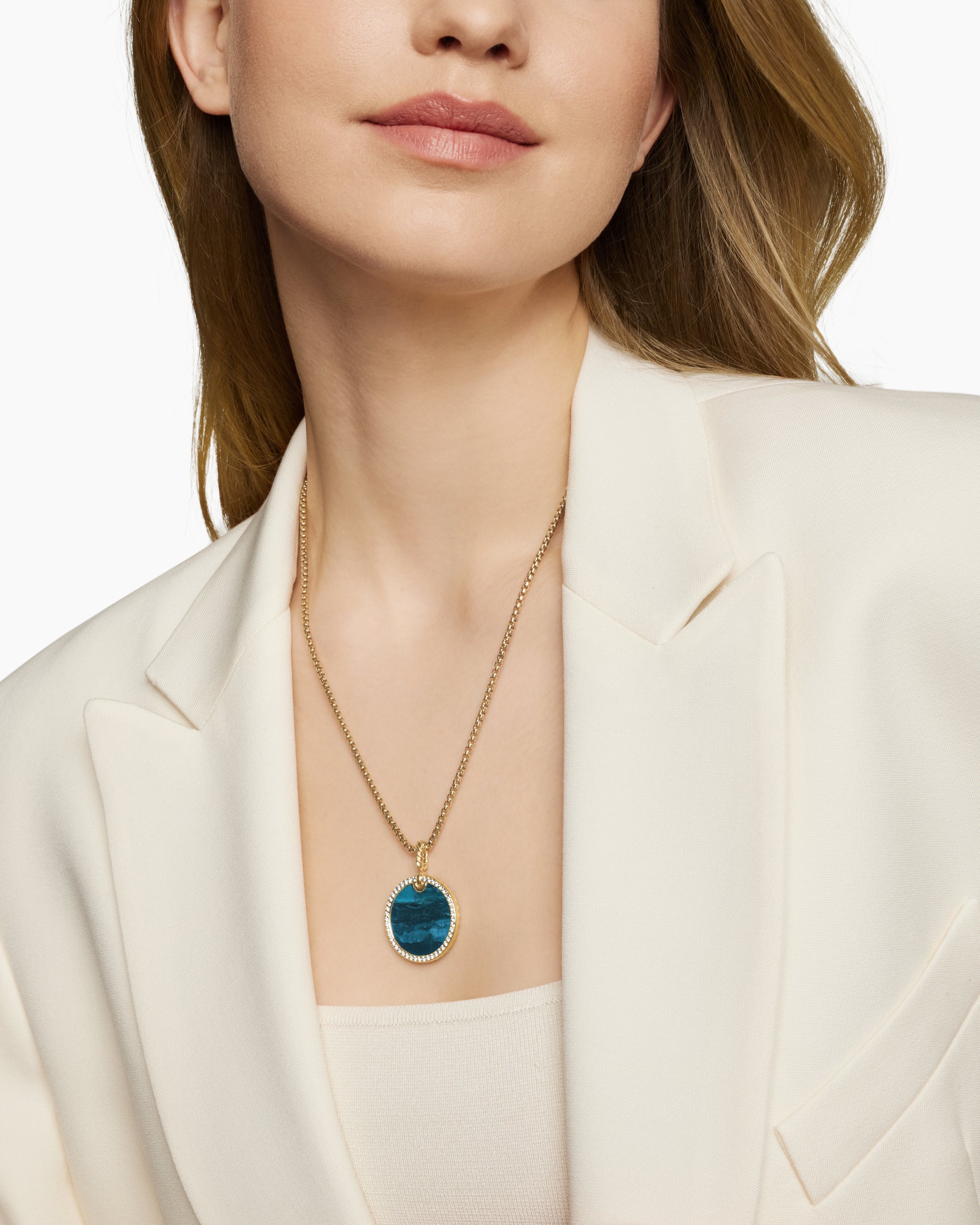 Limited DY Elements Disc Pendant in 18K Yellow Gold with Chrysocolla and Diamonds, 24mm - Image 7