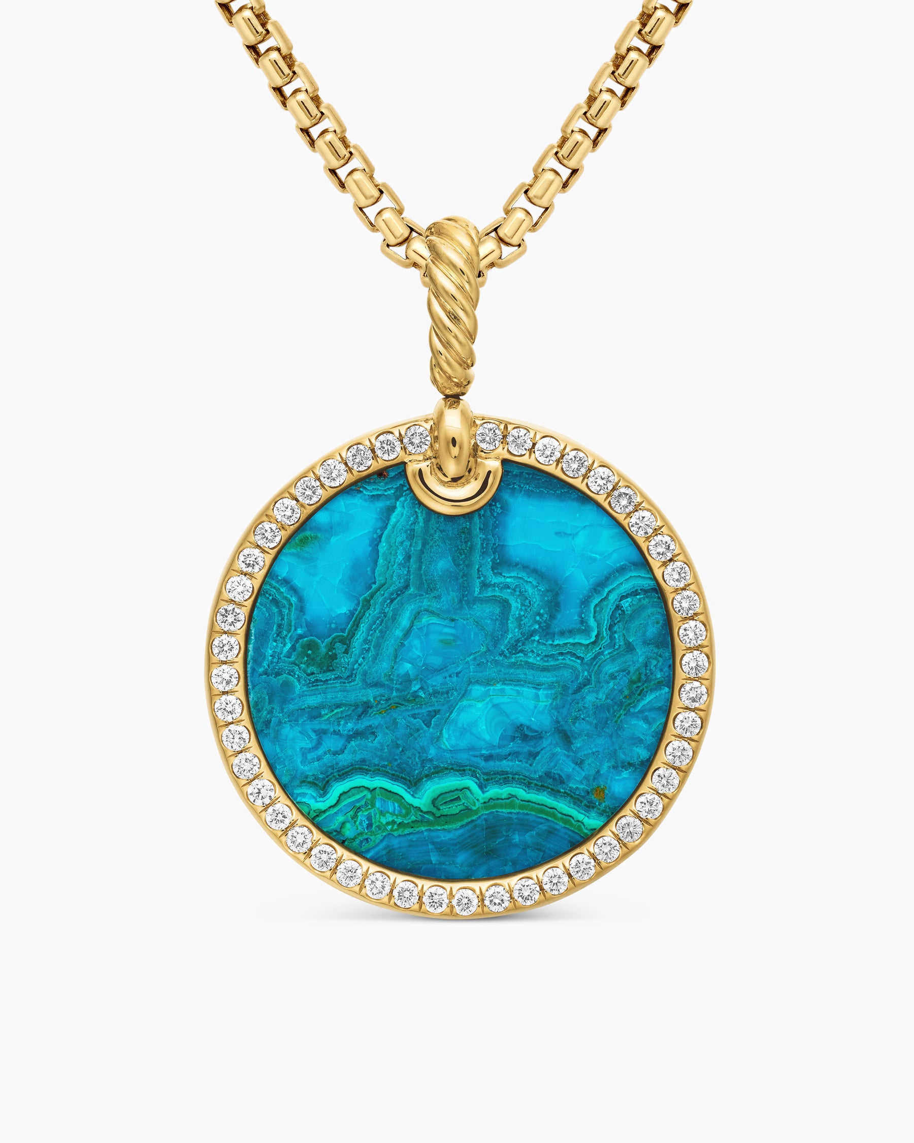 Limited DY Elements Disc Pendant in 18K Yellow Gold with Chrysocolla and Diamonds, 24mm