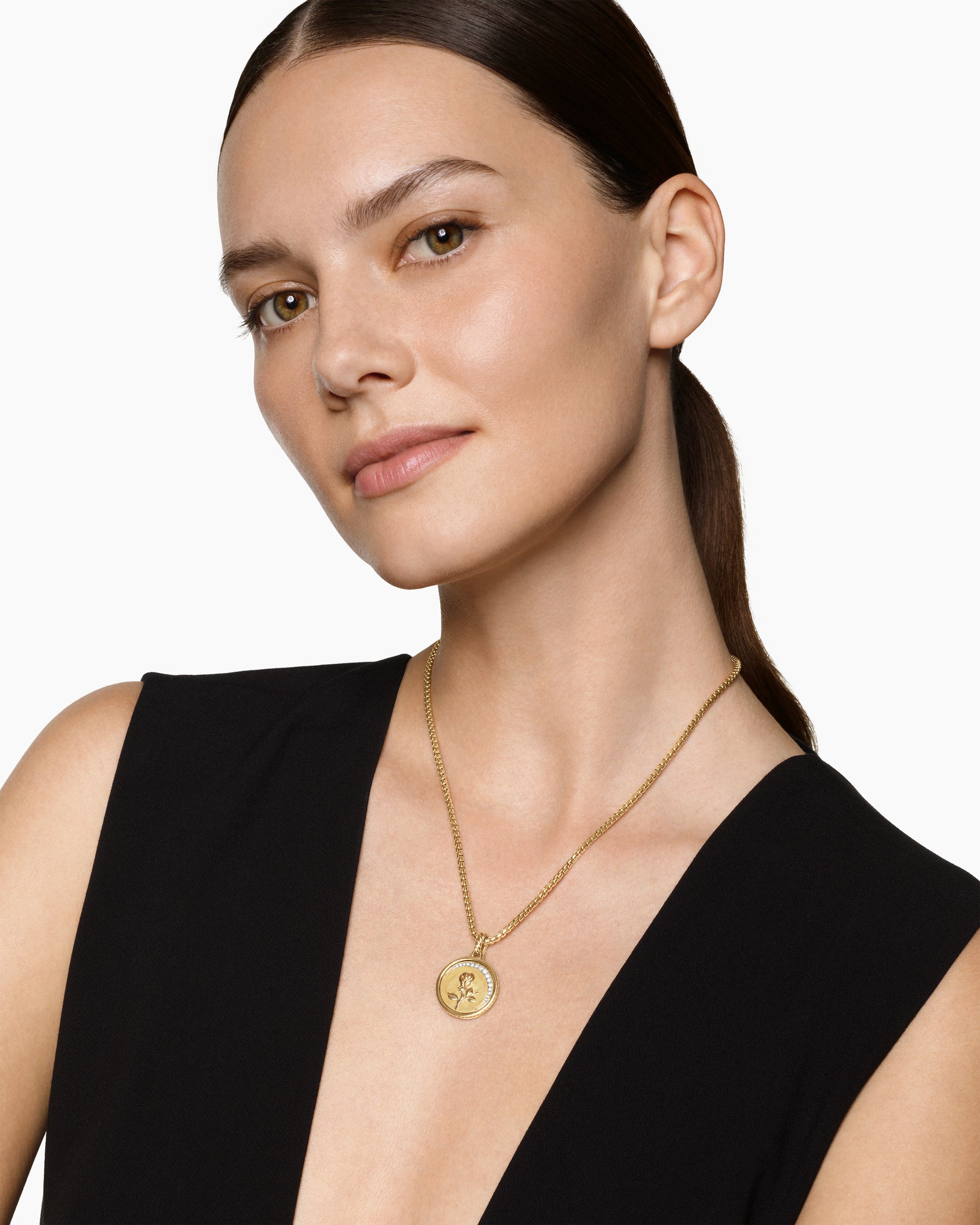 Alternative view of Rose and Thorn Duality Pendant in 18K Yellow Gold with Dark Green Enamel and Diamonds, 22.3mm