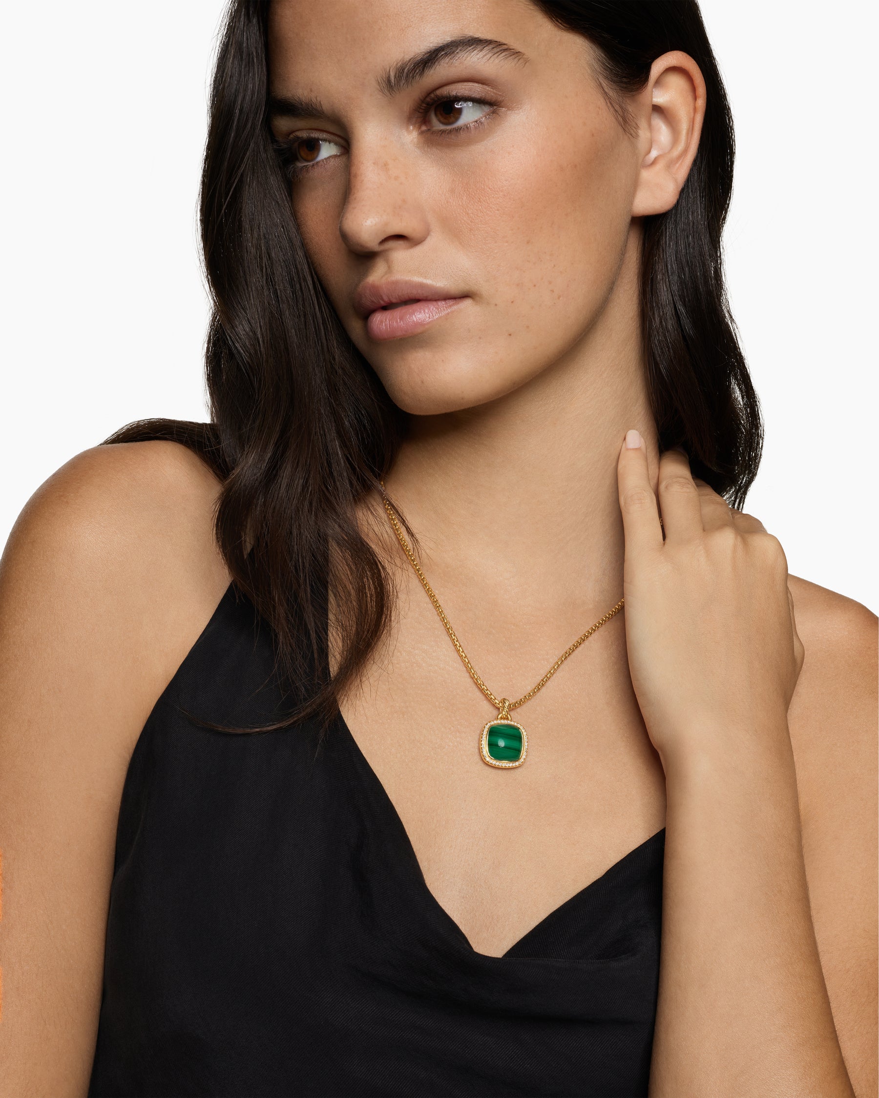 Alternative view of Albion Pendant in 18K Yellow Gold with Malachite and Diamonds, 15mm