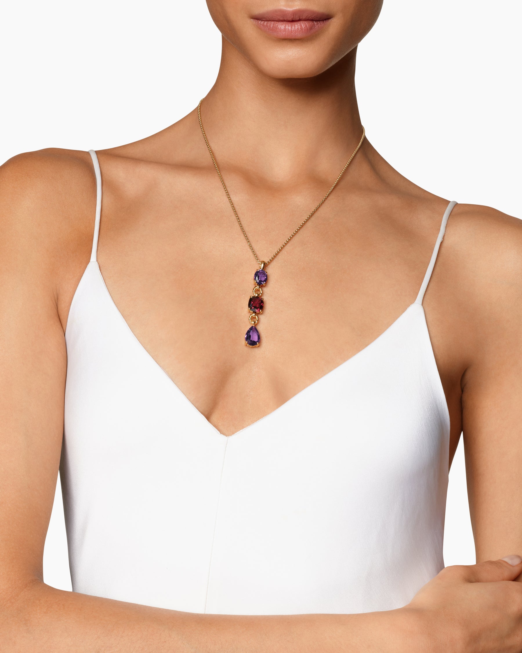 Alternative view of Marbella Y Pendant in 18K Yellow Gold with Amethyst and Rhodolite Garnet, 57.8mm