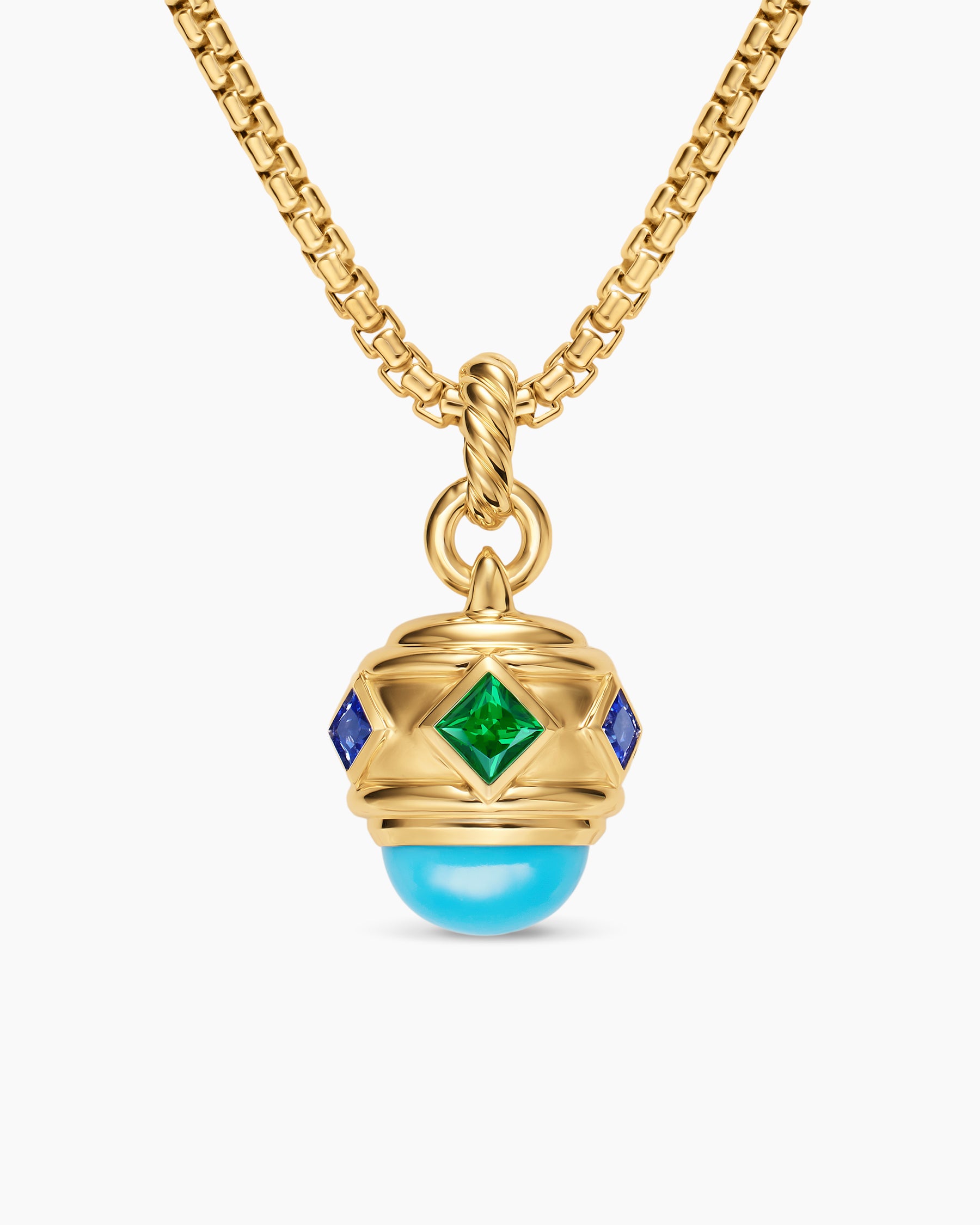 Renaissance Amulet in 18K Yellow Gold with Turquoise, Tsavorite and Tanzanites, 19.8mm