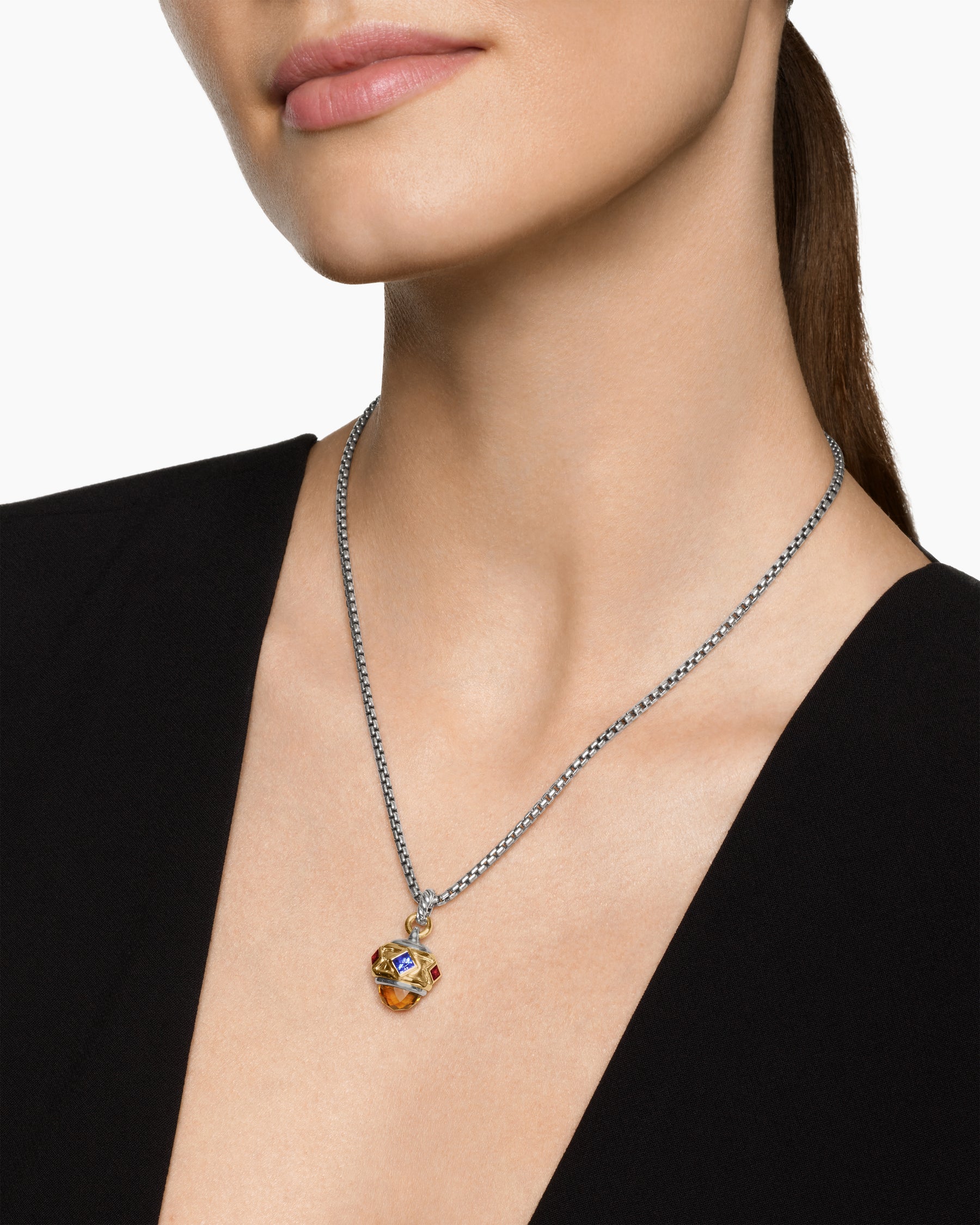 Alternative view of Renaissance Amulet in Sterling Silver with 14K Yellow Gold, Madeira Citrine, Tanzanite and Rhodolite Garnet, 19.8mm