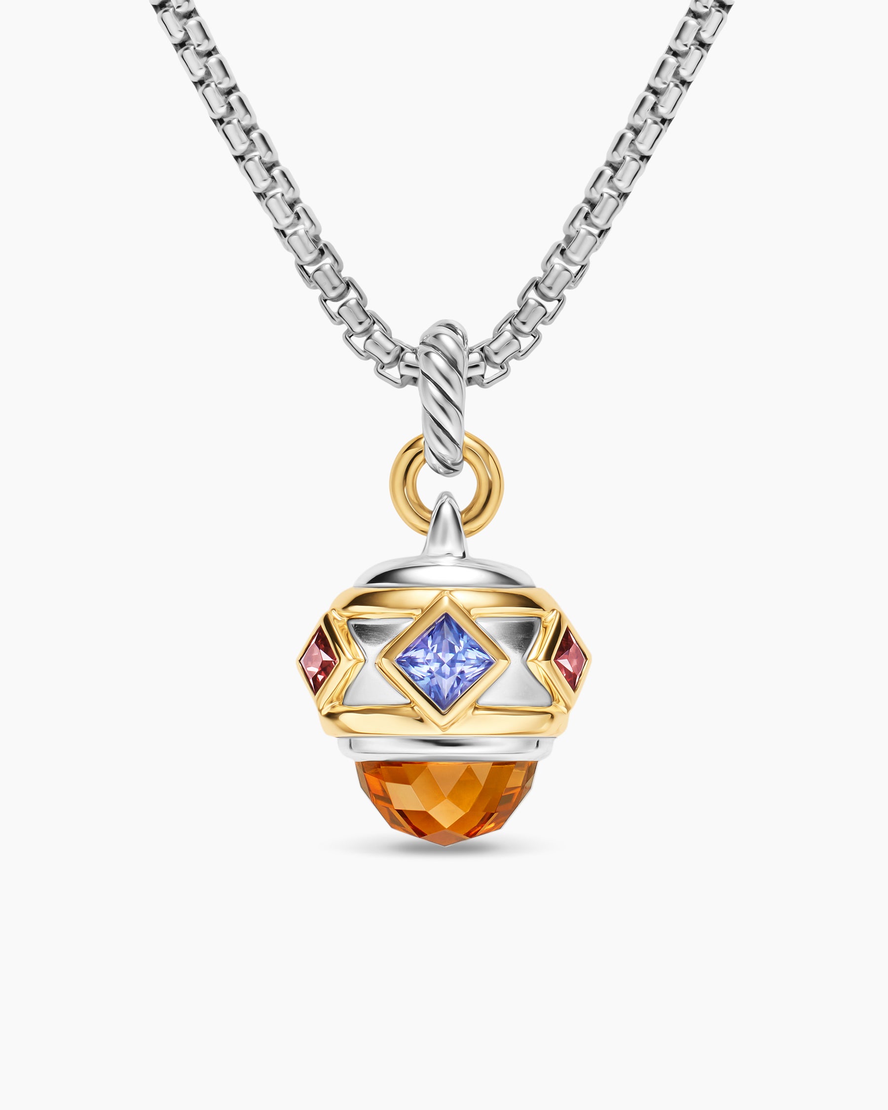 Renaissance Amulet in Sterling Silver with 14K Yellow Gold, Madeira Citrine, Tanzanite and Rhodolite Garnet, 19.8mm