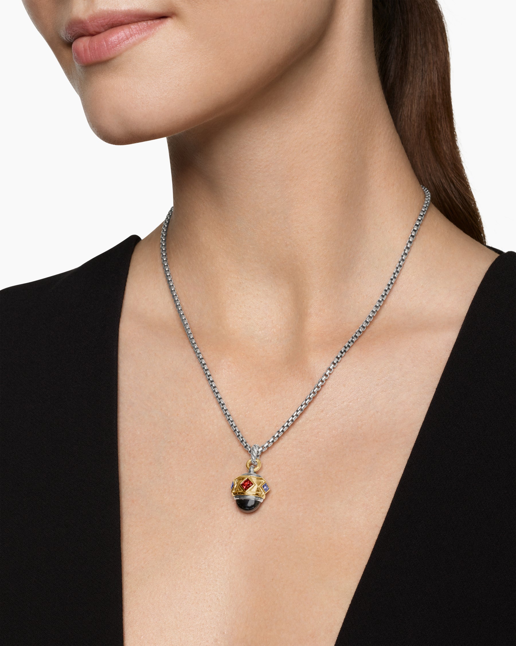 Alternative view of Renaissance Amulet in Sterling Silver with 14K Yellow Gold, Hematine, Rhodolite Garnet and Iolite, 19.8mm