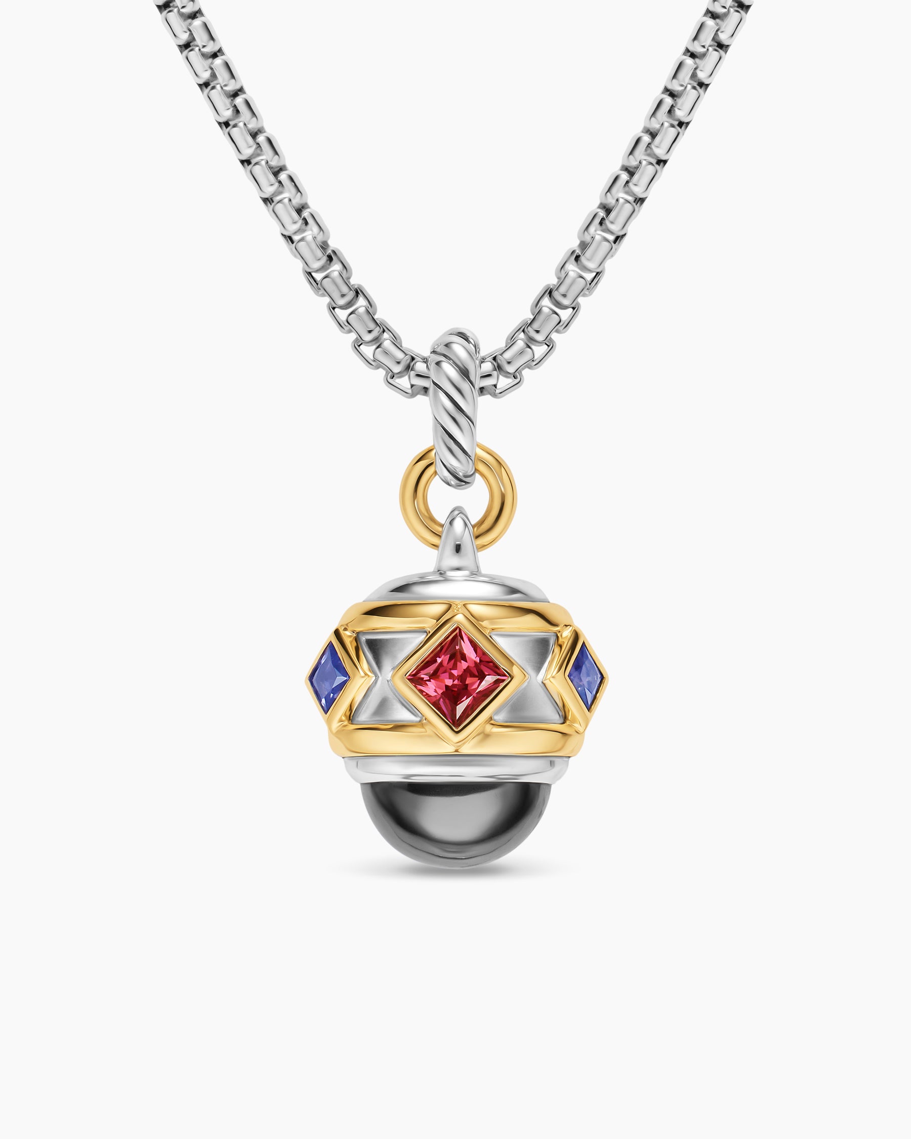 Renaissance Amulet in Sterling Silver with 14K Yellow Gold, Hematine, Rhodolite Garnet and Iolite, 19.8mm