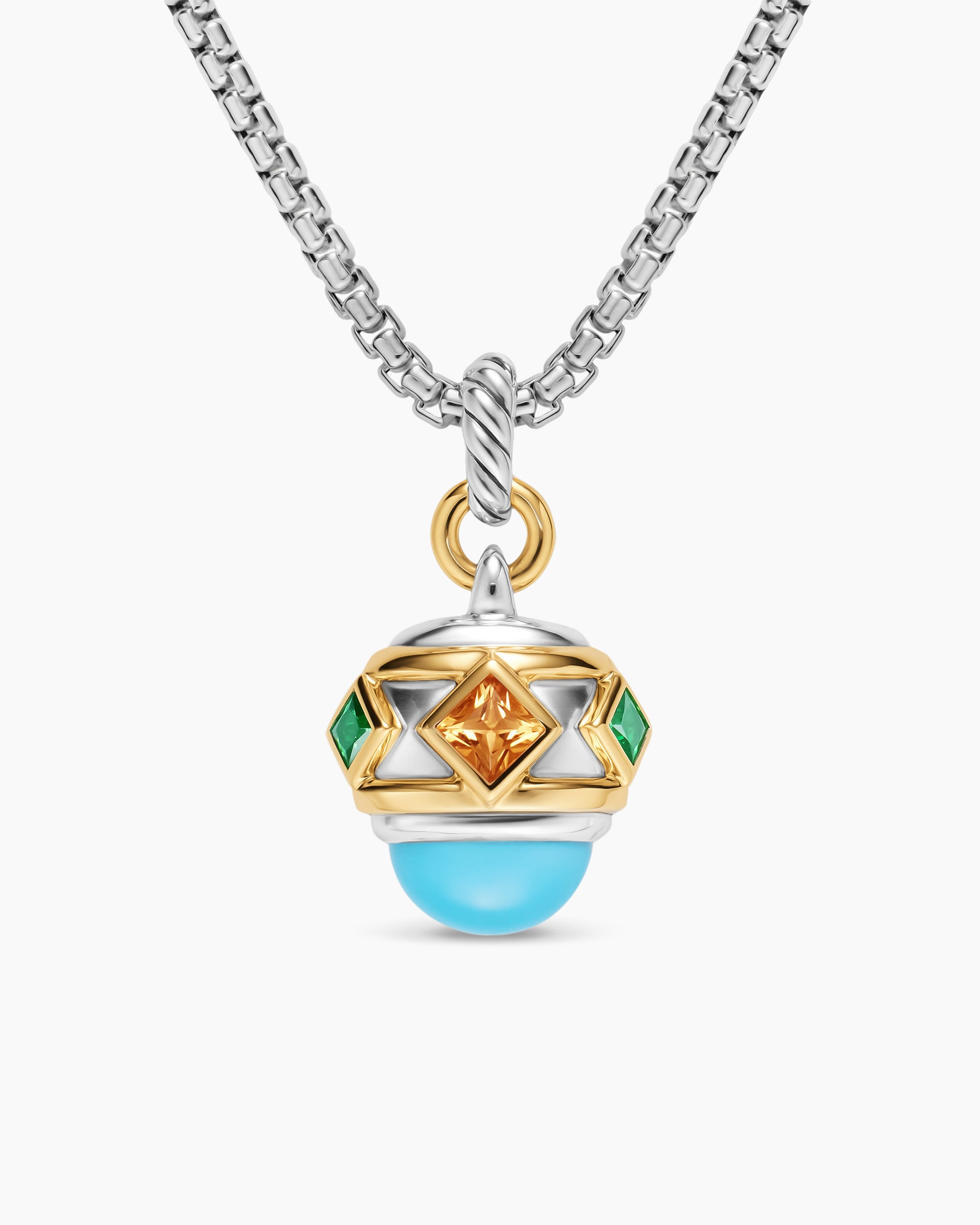 Renaissance Amulet in Sterling Silver with 14K Yellow Gold, Turquoise, Madeira Citrine and Tsavorites, 19.8mm