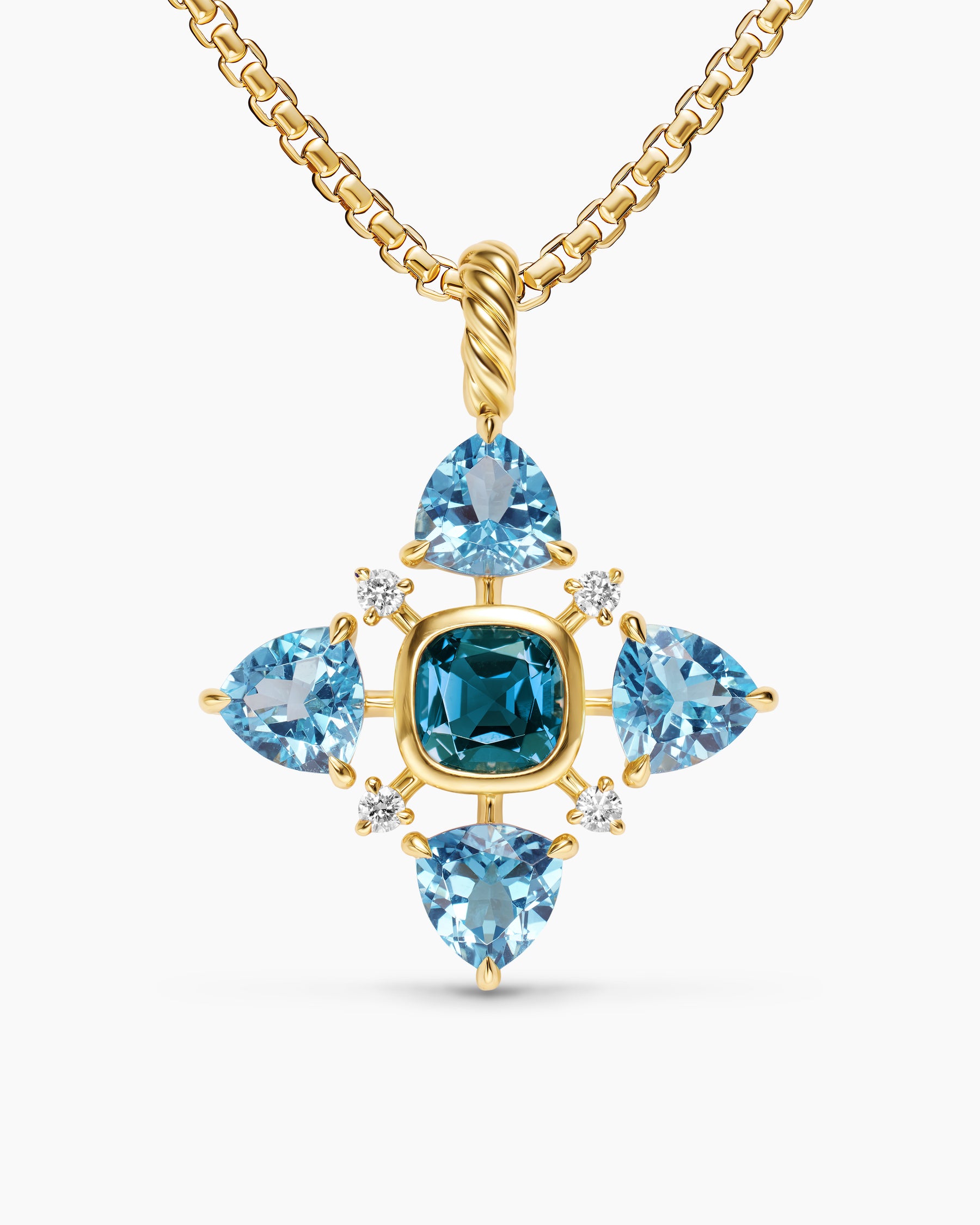 Renaissance Quad Pendant in 18K Yellow Gold with Blue Topaz, Hampton Blue Topaz and Diamonds, 36mm