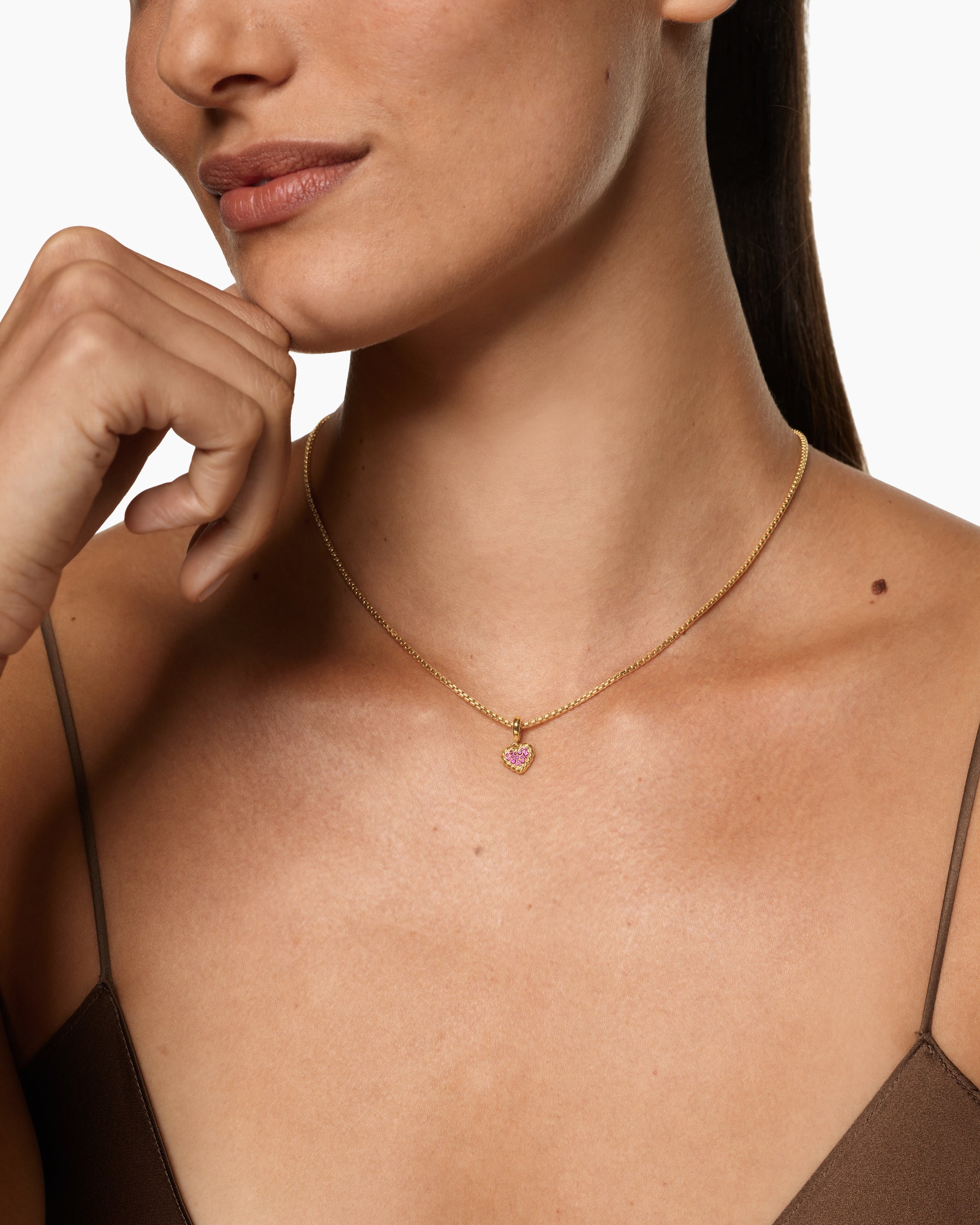 Alternative view of Petite DY Elements Heart Plate Pendant in 18K Yellow Gold with Pink Sapphires, 8.2mm