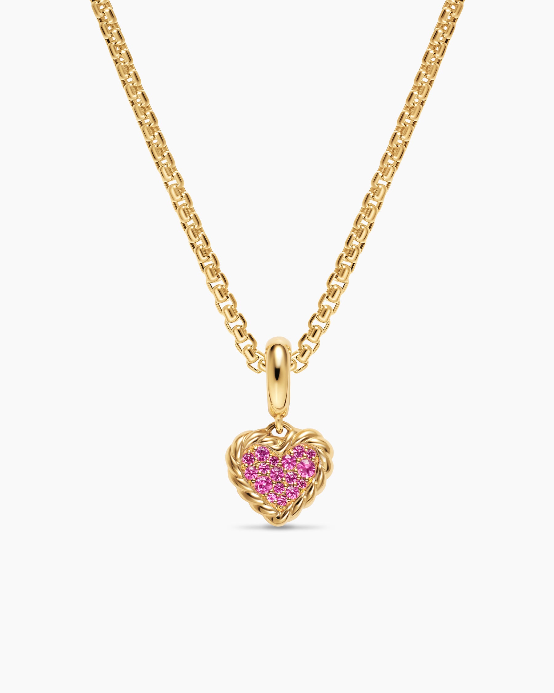 Petite DY Elements Heart Plate Pendant in 18K Yellow Gold with Pink Sapphires, 8.2mm