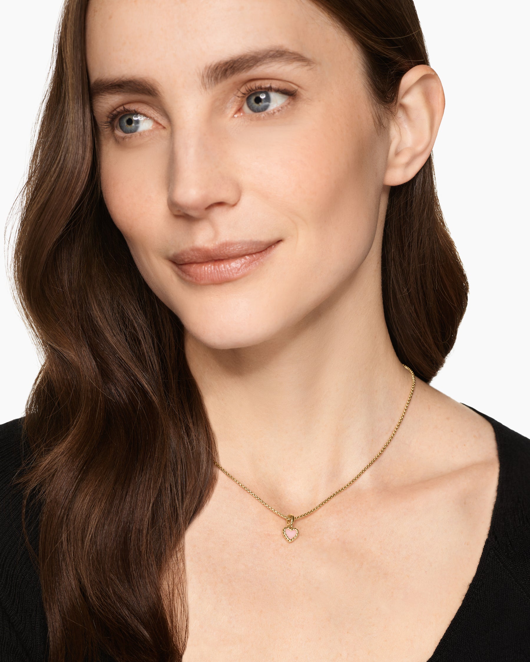 Alternative view of Petite DY Elements Heart Station Pendant in 18K Yellow Gold with Pink Opal, 8.2mm
