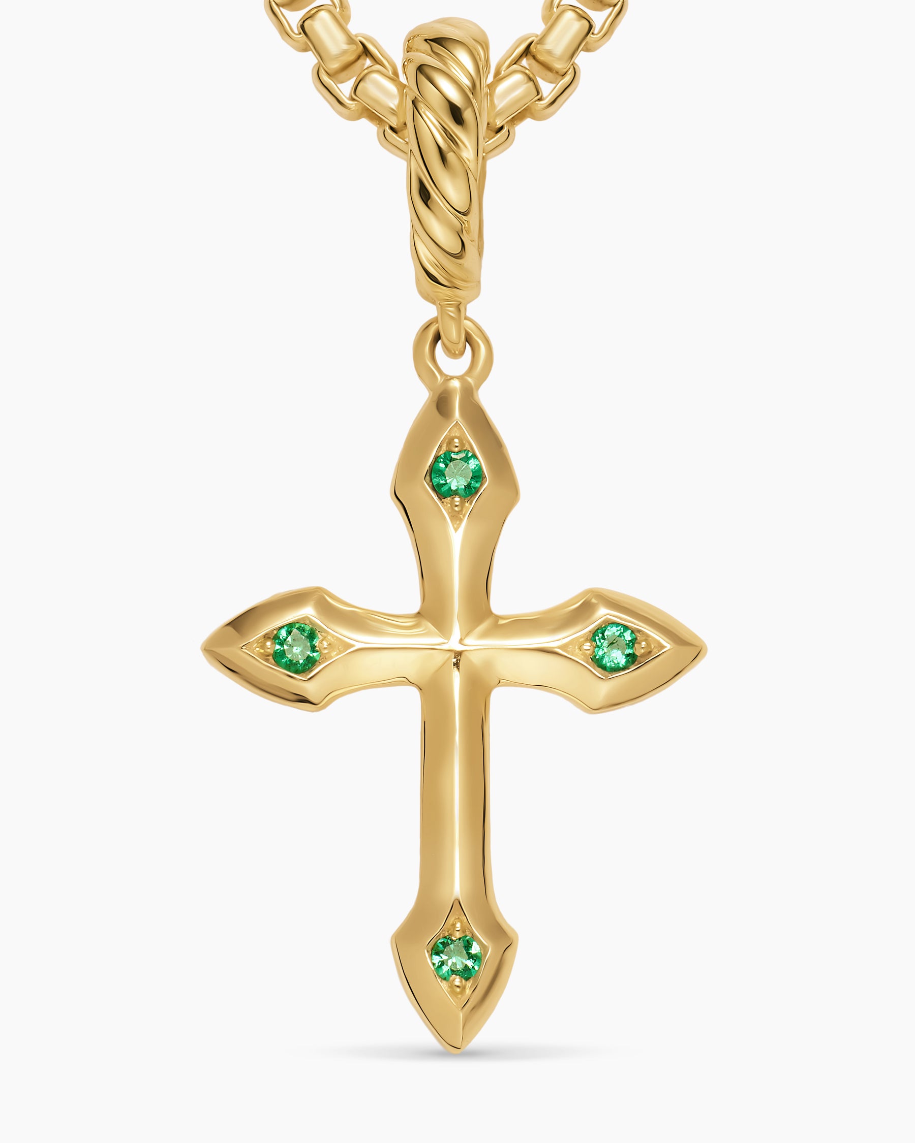 Petite Gothic Cross Amulet in 18K Yellow Gold with Emeralds, 15.2mm - Image 5