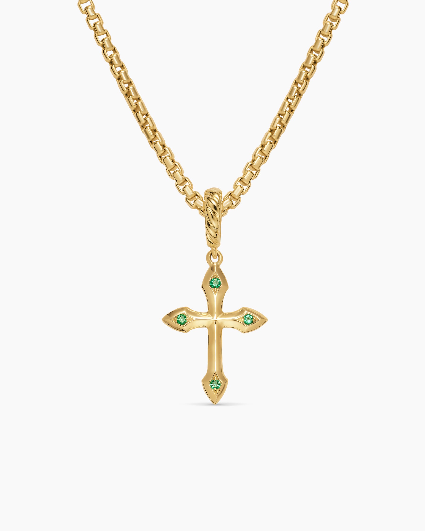 Petite Gothic Cross Amulet in 18K Yellow Gold with Emeralds, 15.2mm