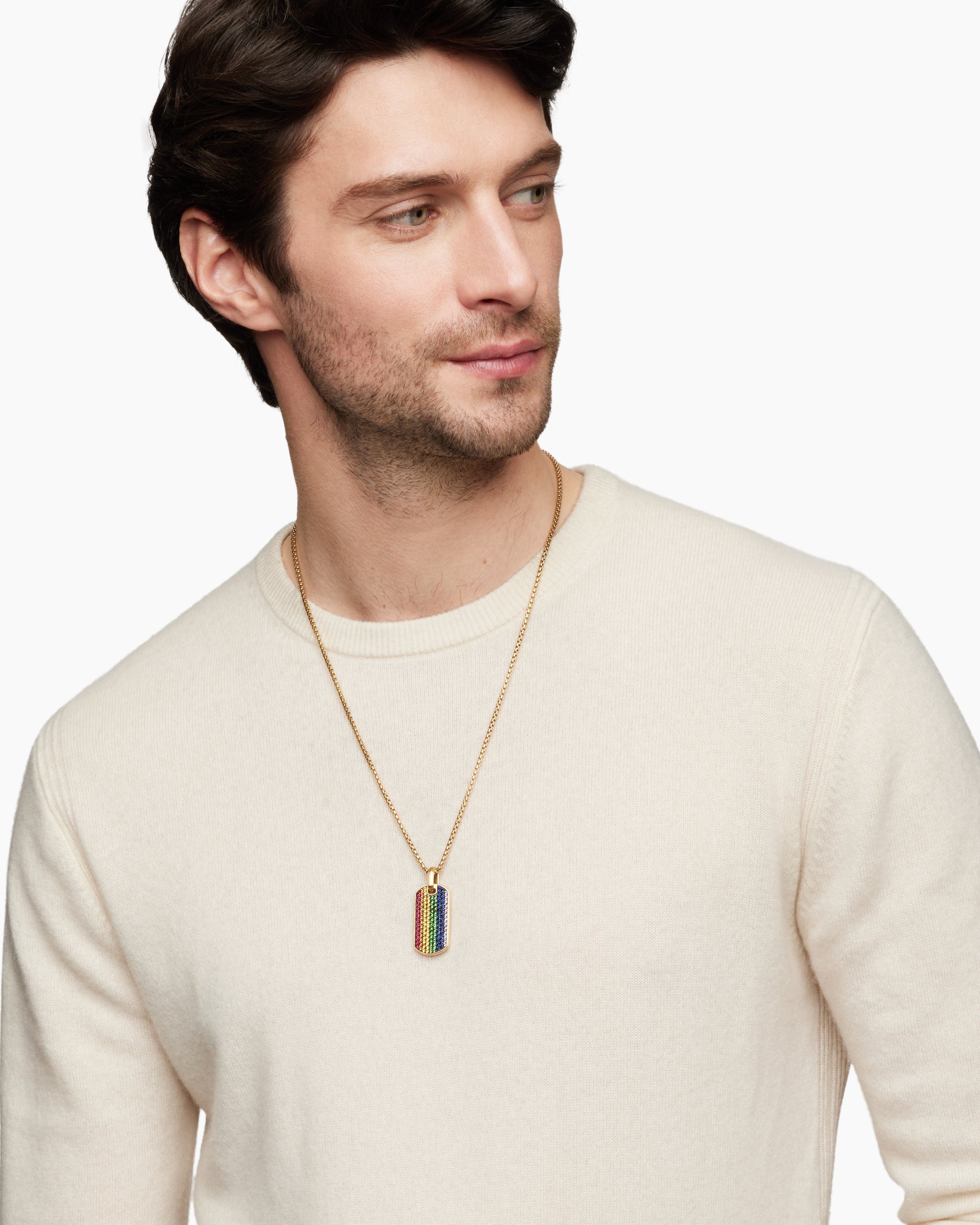 Alternative view of Chevron Tag in 18K Yellow Gold with Rainbow Pavé, 35mm