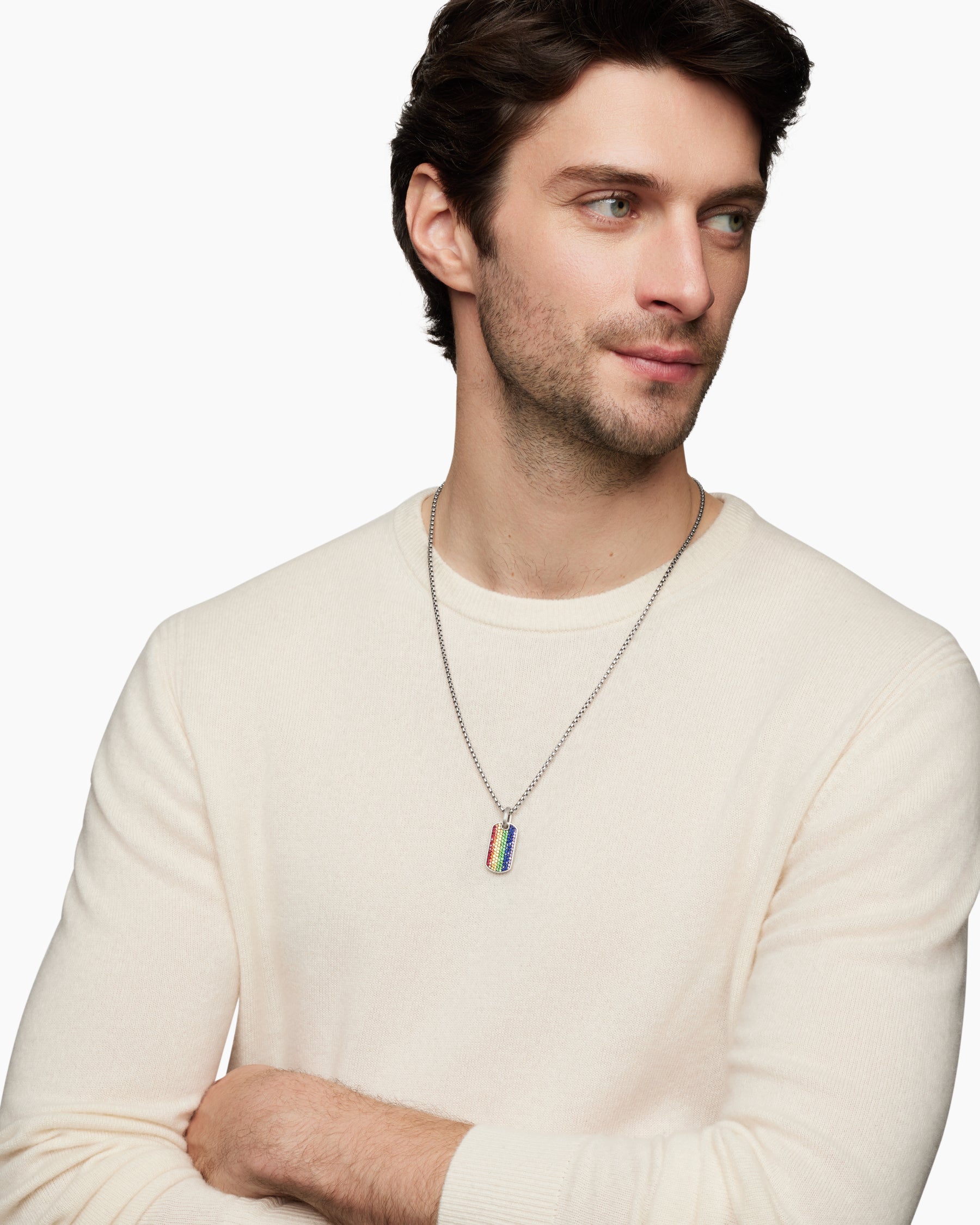 Alternative view of Chevron Tag in Sterling Silver with Rainbow Pavé, 27mm