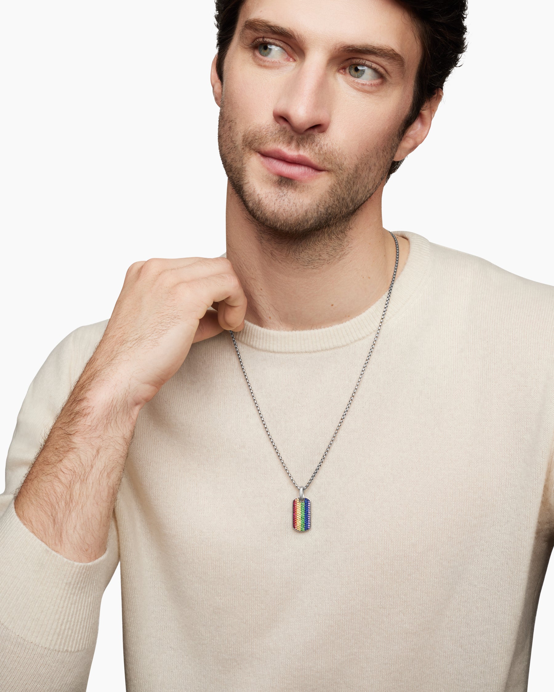 Chevron Tag in Sterling Silver with Rainbow Pavé, 27mm - Image 7