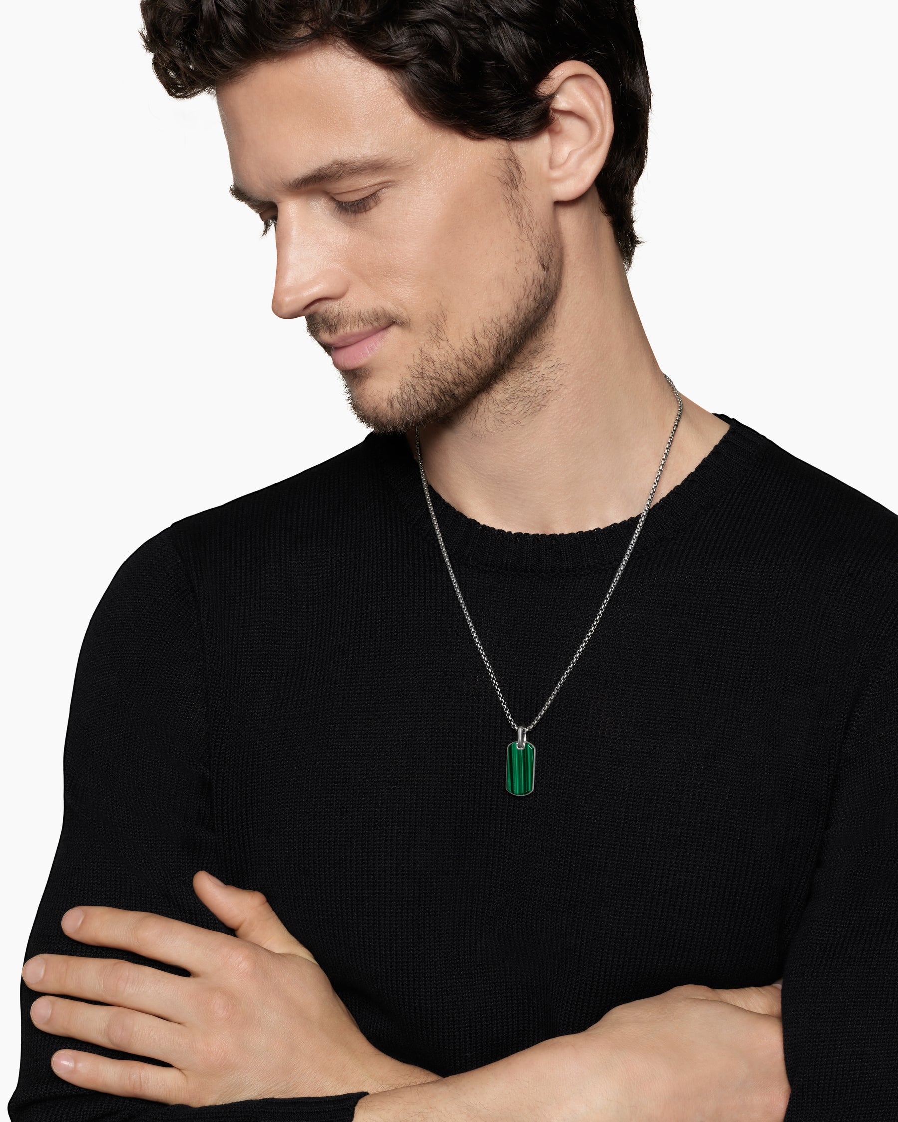 Alternative view of Chevron Tag in Sterling Silver with Malachite, 27mm