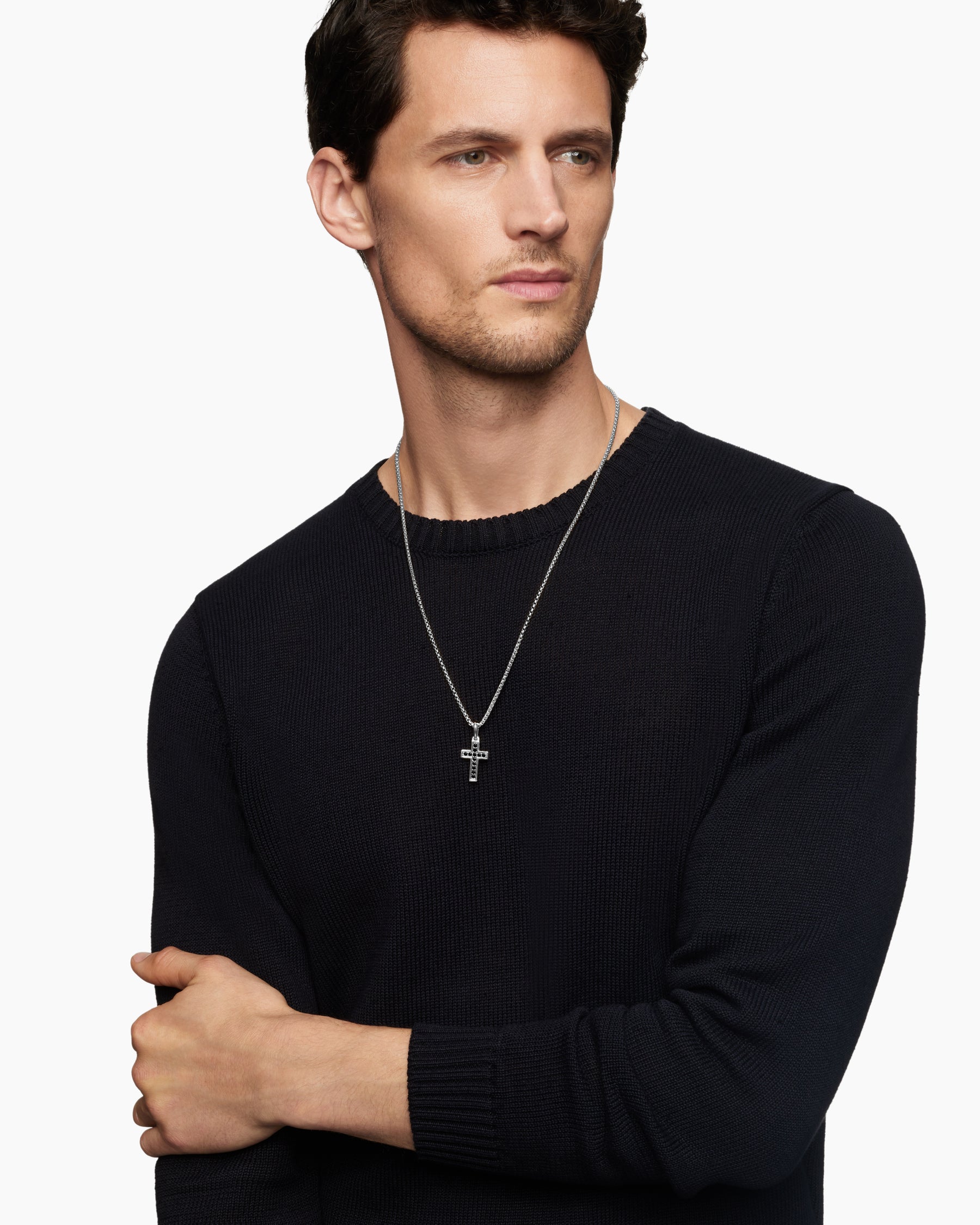 Alternative view of Pavé Cross Pendant in Sterling Silver with Black Diamonds, 23mm