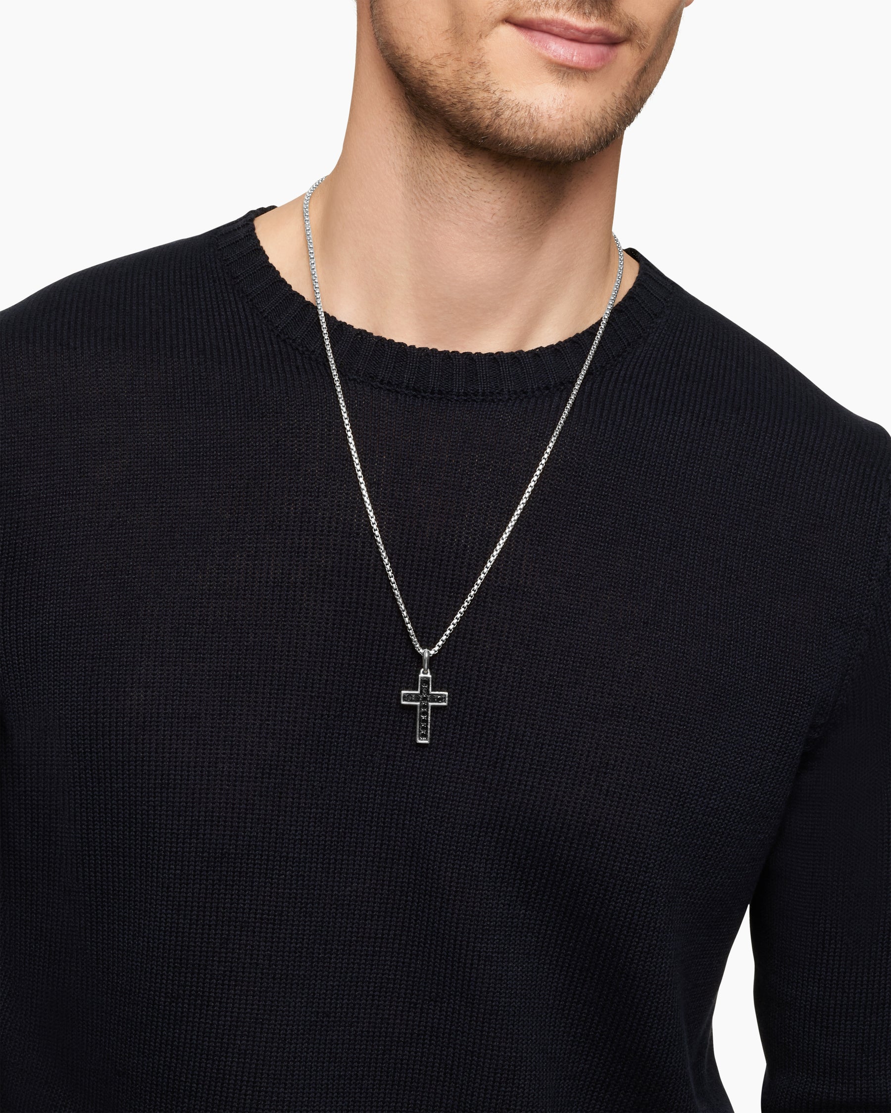 Alternative view of Pavé Cross Pendant in Sterling Silver with Black Diamonds, 28mm