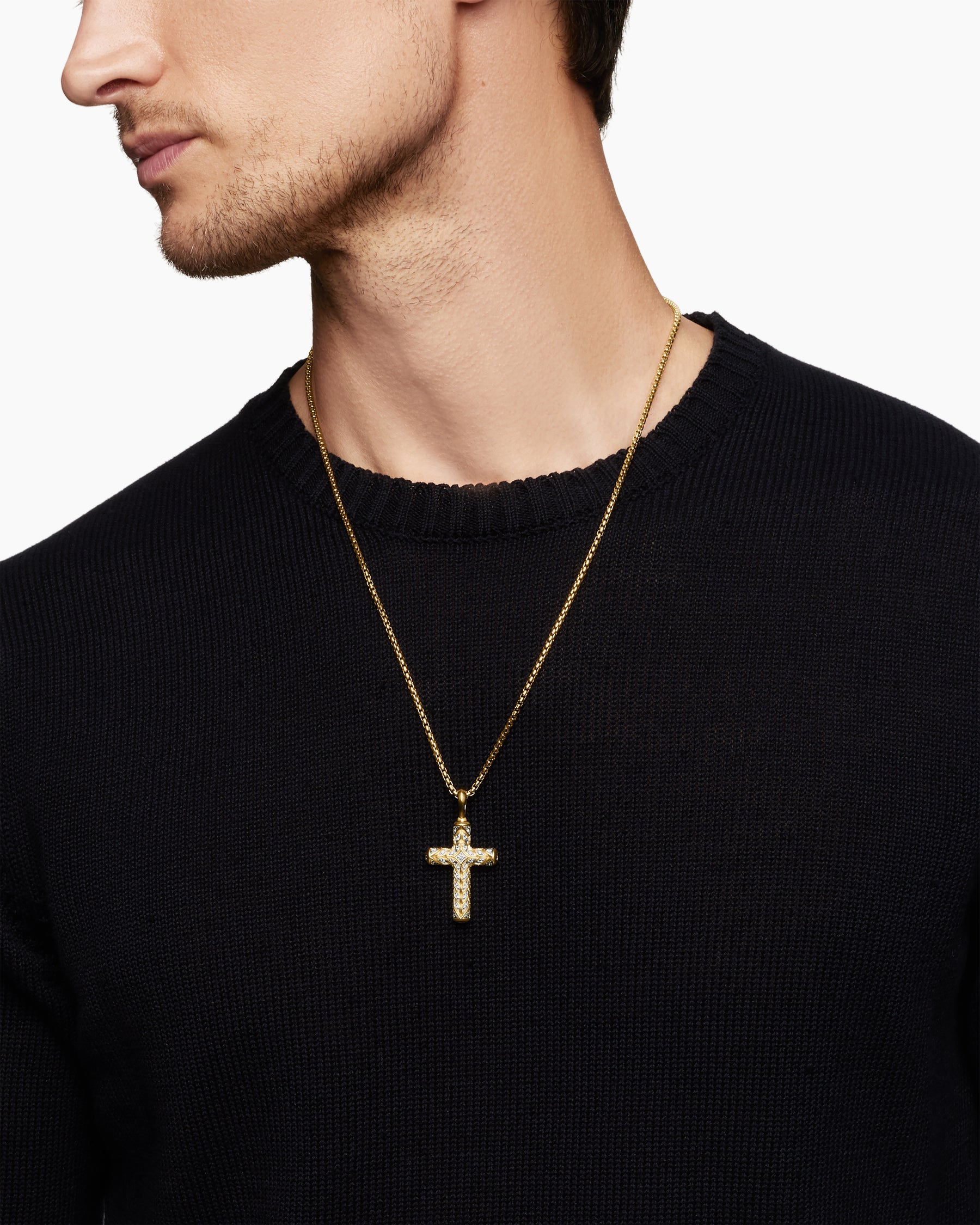 Alternative view of Chevron Cross Pendant in 18K Yellow Gold with Pavé Diamonds, 36mm
