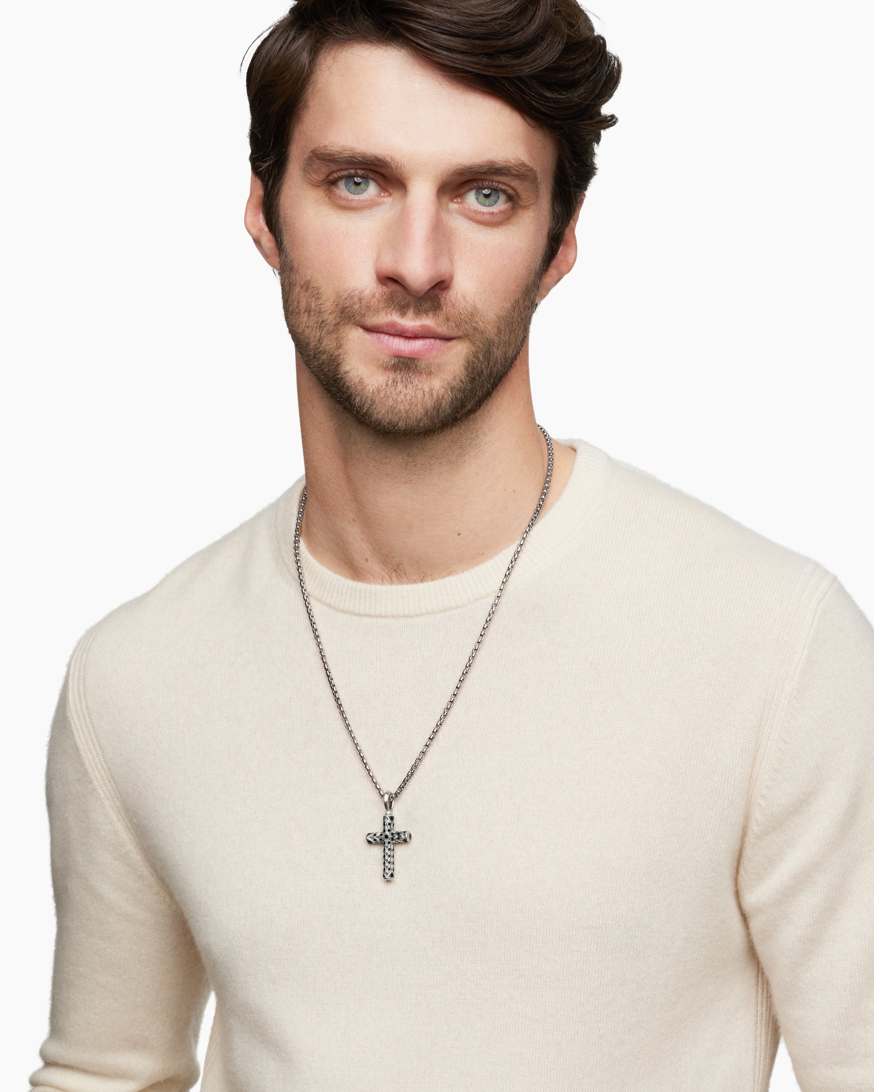 Alternative view of Chevron Cross Pendant in Sterling Silver with Pavé Black Diamonds, 36mm
