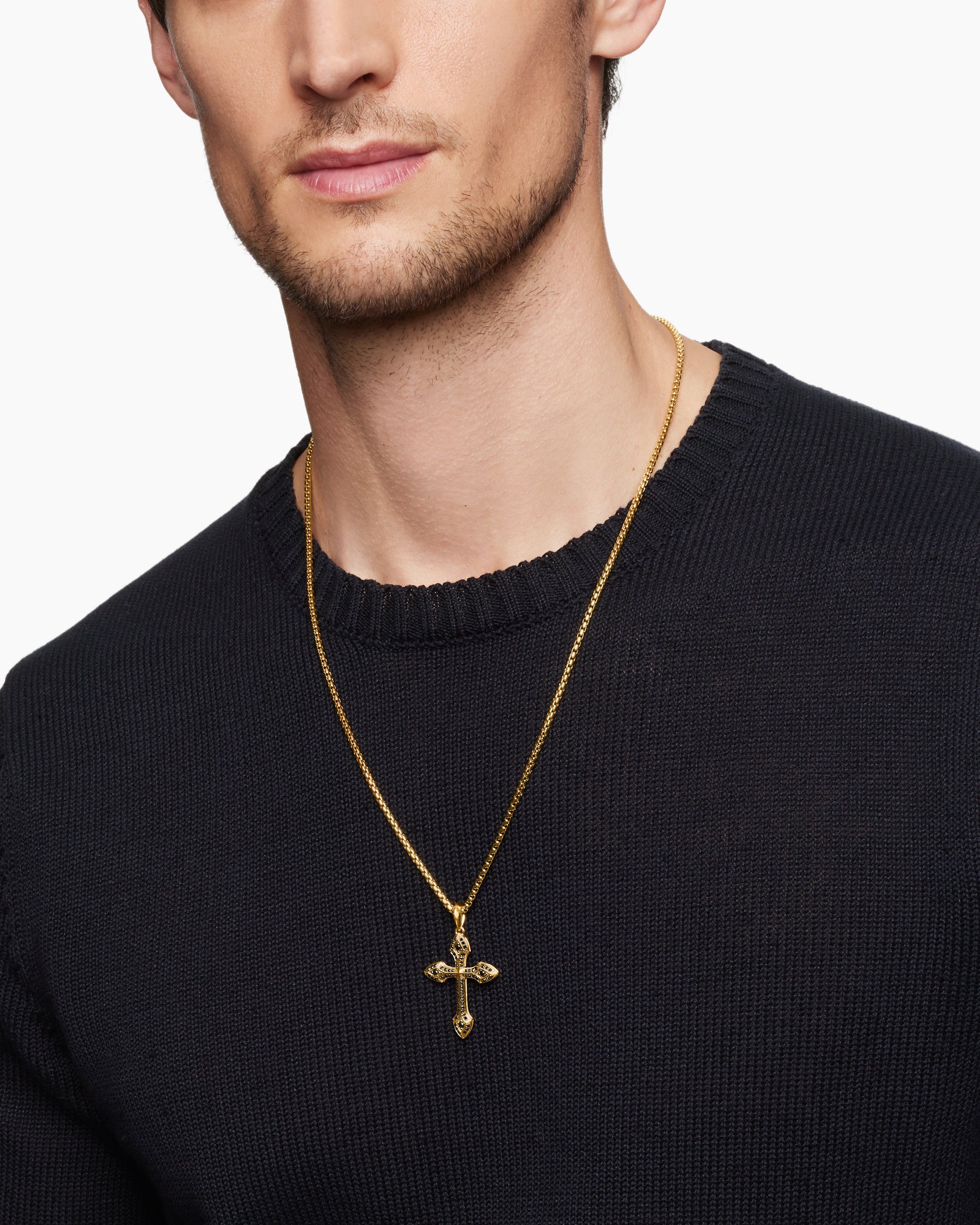 Alternative view of Gothic Cross Pendant in 18K Yellow Gold with Black Diamonds, 36.5mm