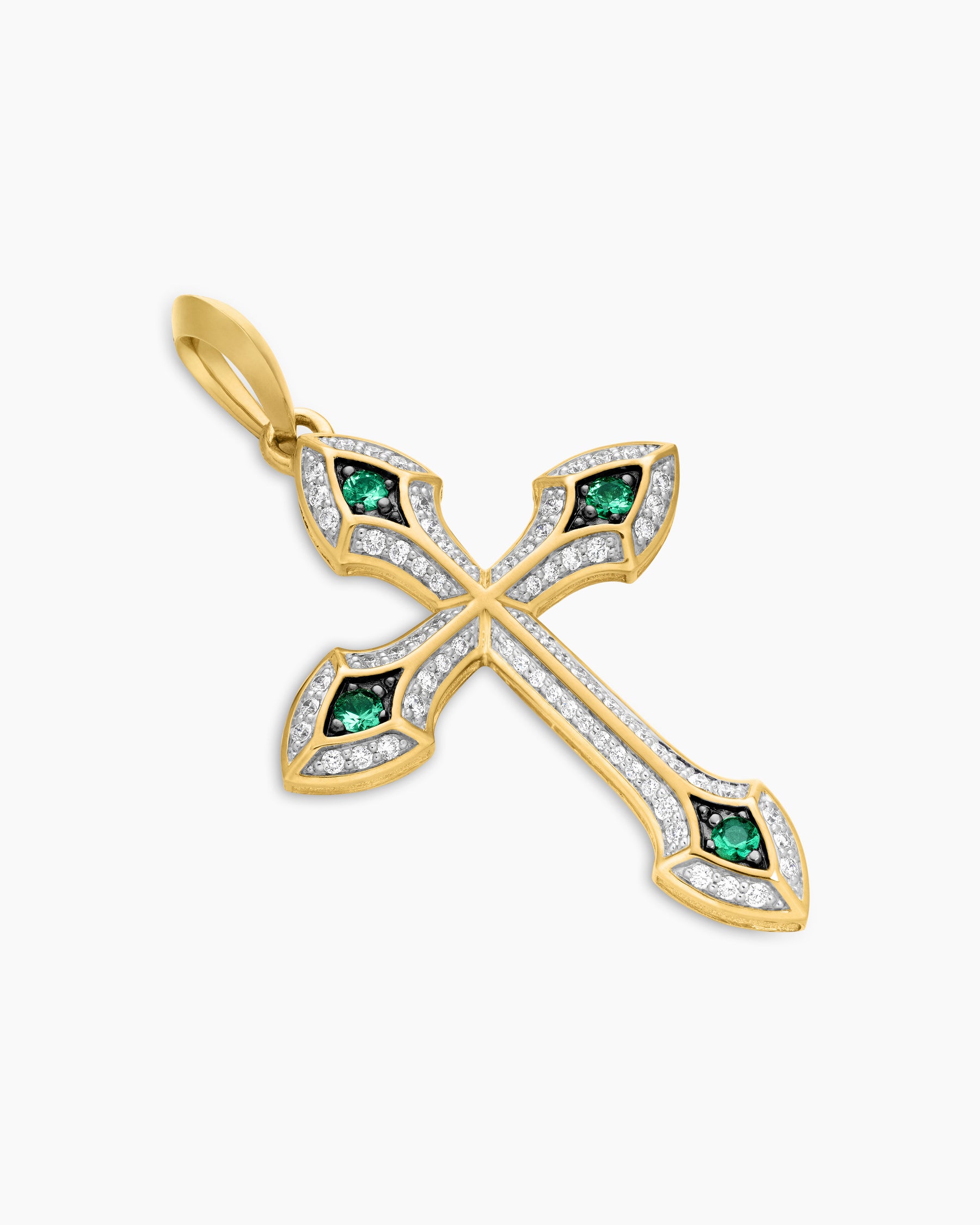 Gothic Cross Pendant in 18K Yellow Gold with Diamonds and Emeralds, 36.5mm - Image 3
