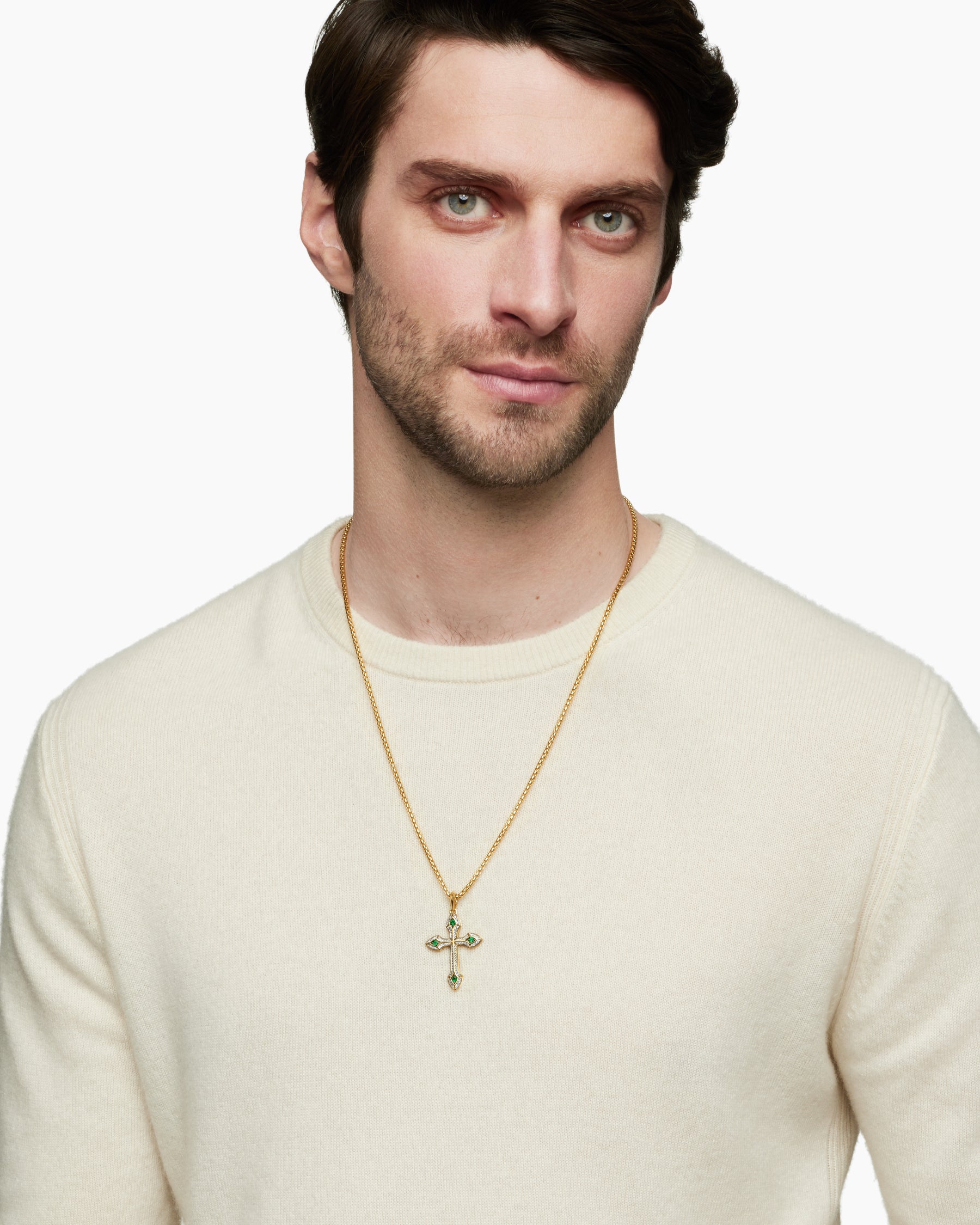 Alternative view of Gothic Cross Pendant in 18K Yellow Gold with Diamonds and Emeralds, 36.5mm