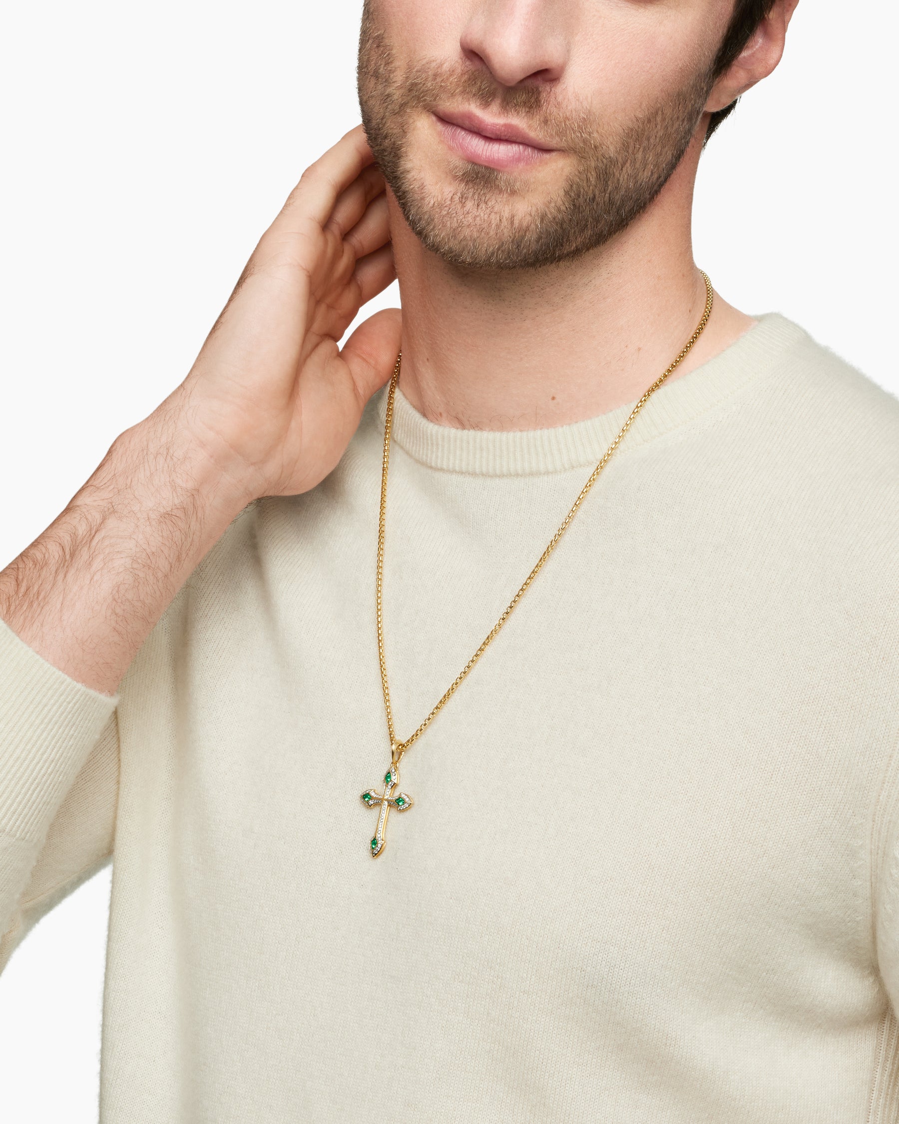 Gothic Cross Pendant in 18K Yellow Gold with Diamonds and Emeralds, 36.5mm - Image 7