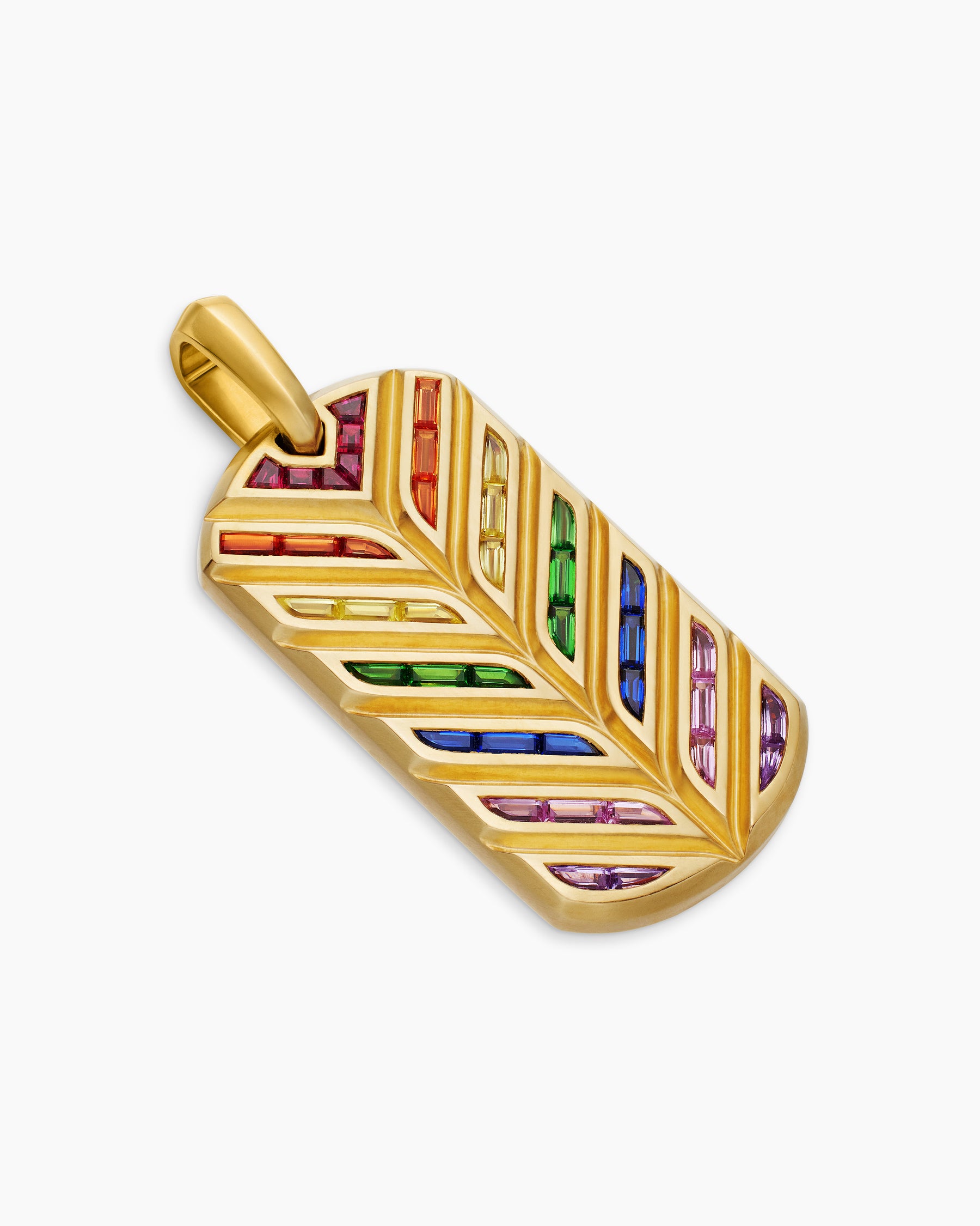 Chevron Tag in 18K Yellow Gold with Rainbow Baguettes, 35mm - Image 3