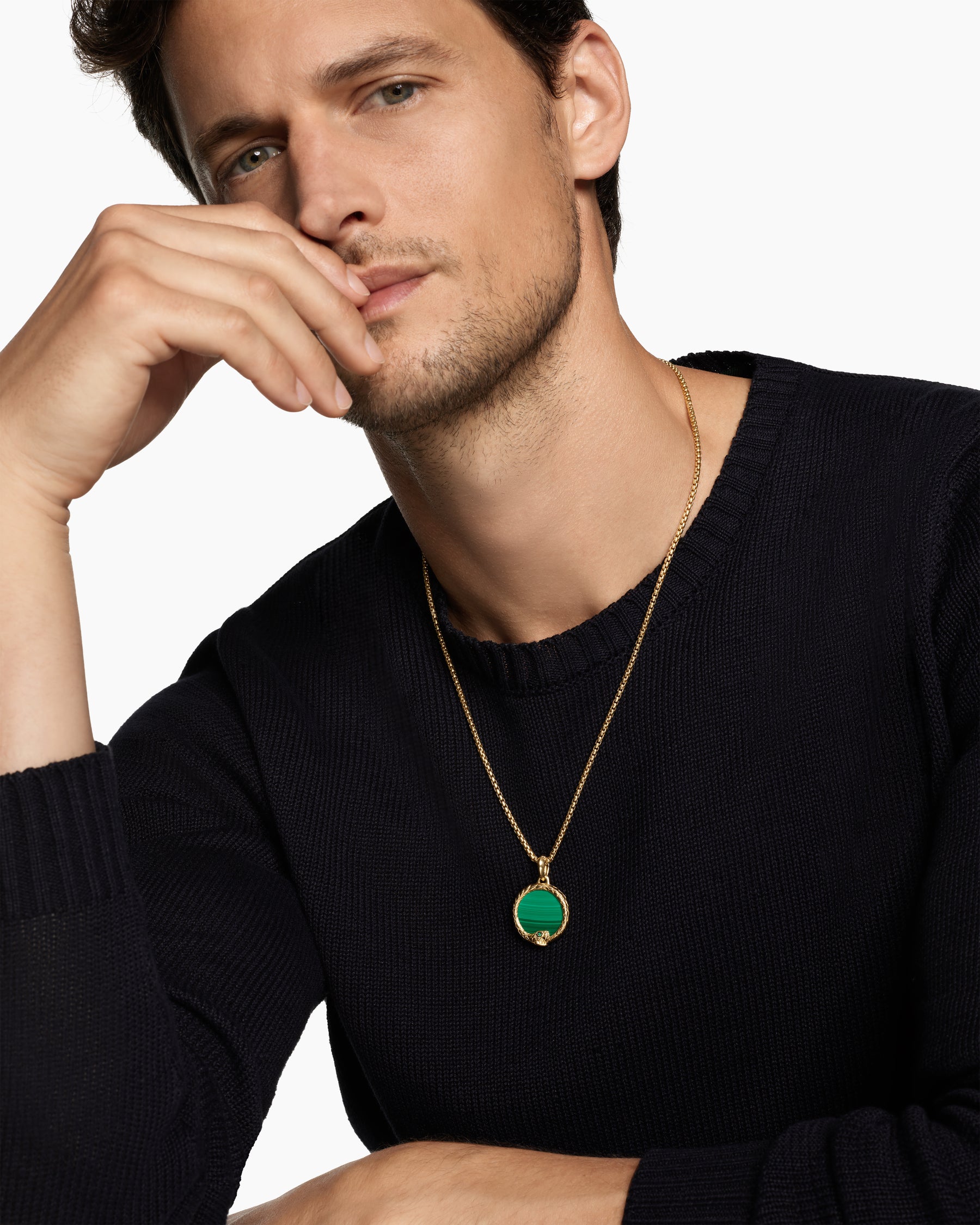 Alternative view of Ouroboros Amulet in 18K Yellow Gold with Malachite and Emerald, 25mm